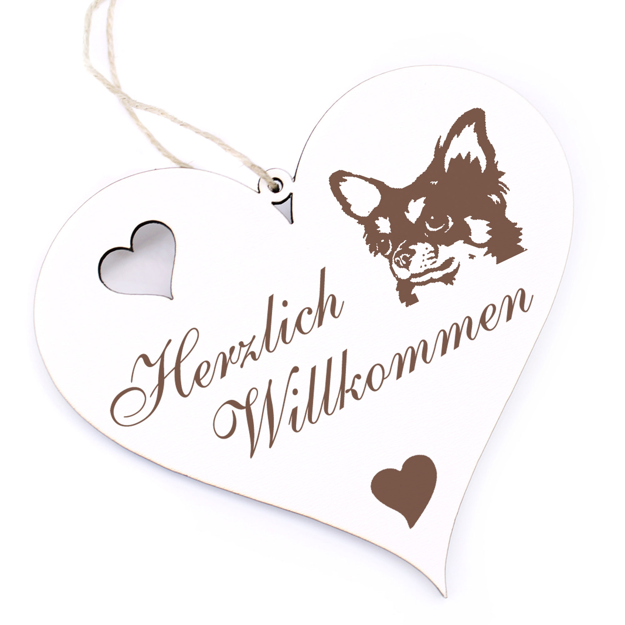 Herzlich Willkommen Schild - Langhaar Chihuahua Kopf - Deko Herz Holz