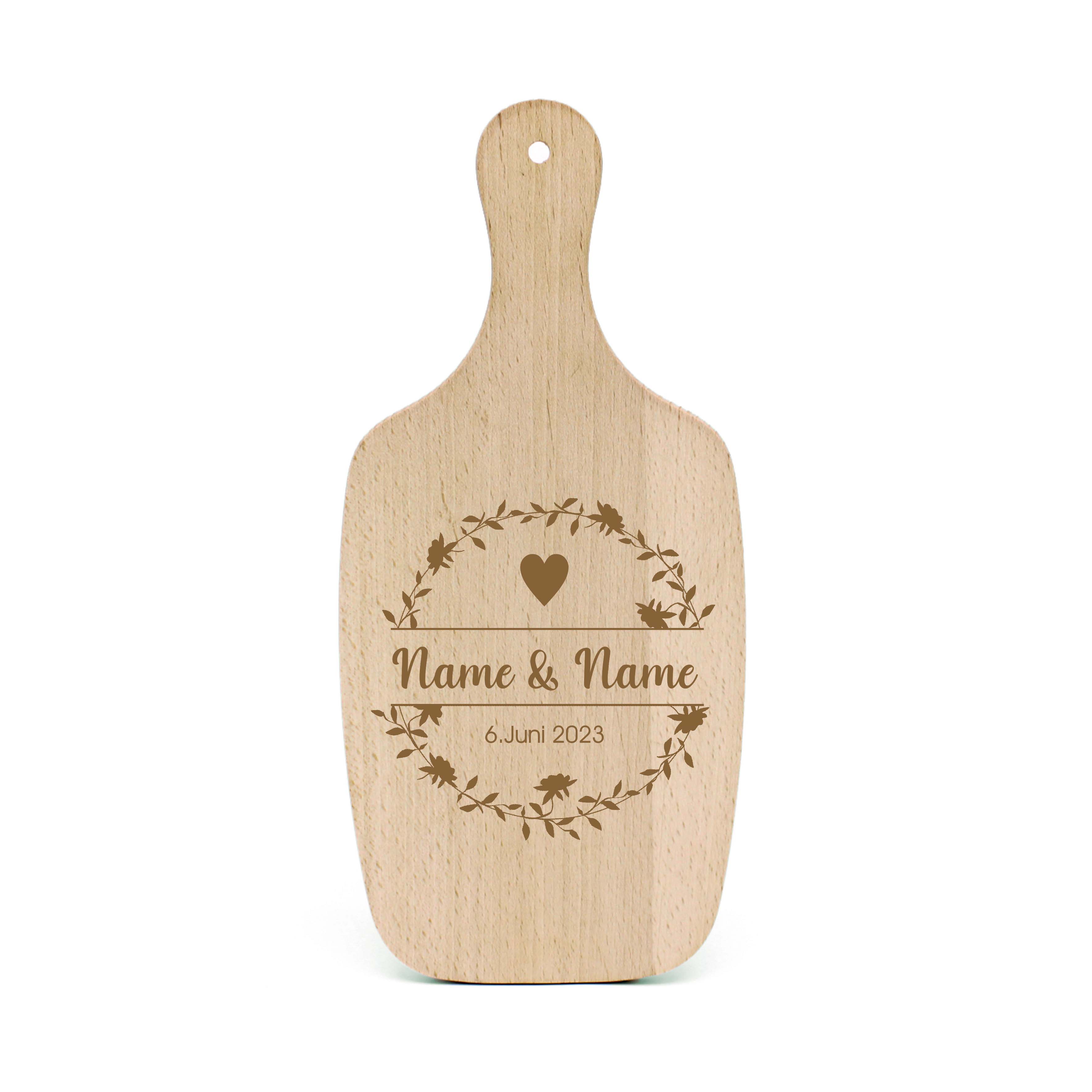 Hochzeitsgeschenk personalisiert Blütenkranz Herz Schneidebrett Name & Datum Gravur Hochzeit 34 x 15