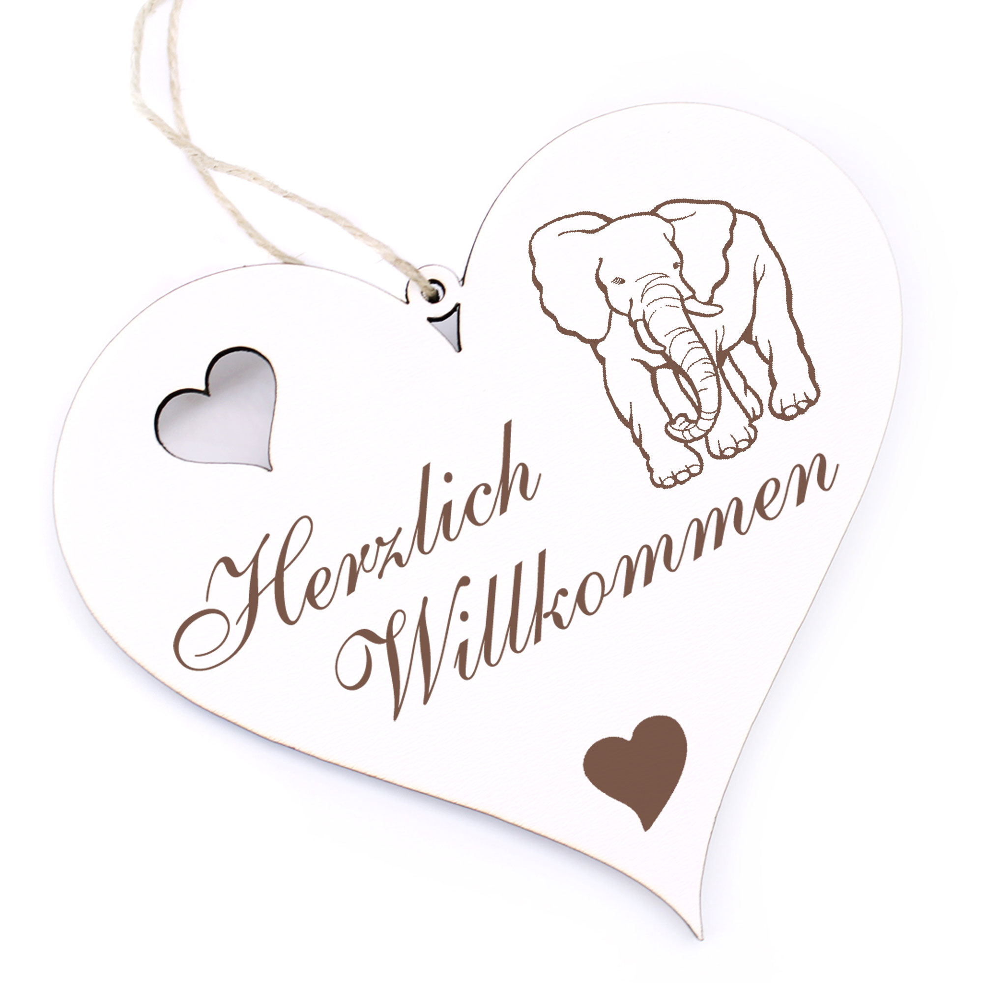 Herzlich Willkommen Schild - gezeichneter Elefant - Deko Herz Holz