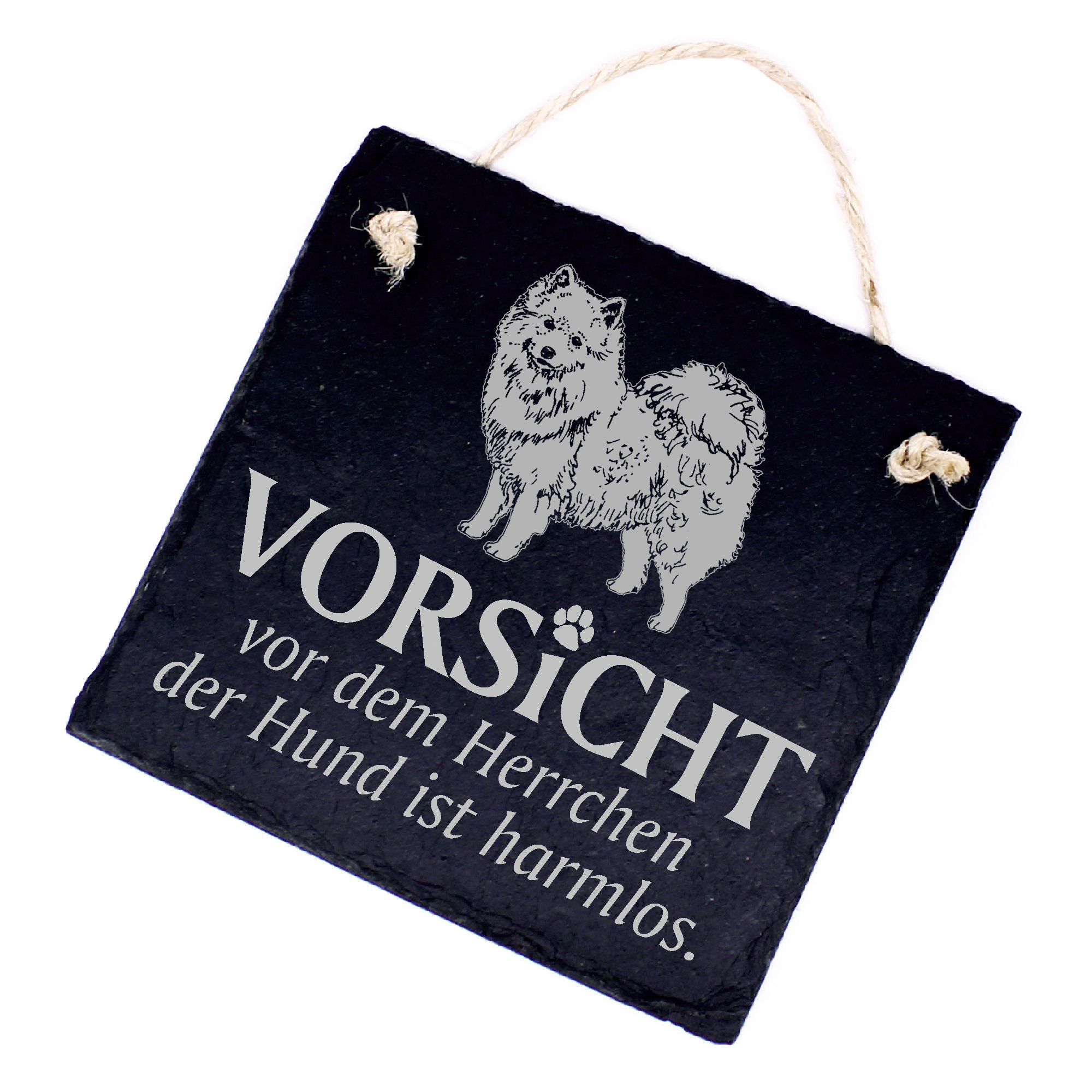 Hundeschild American Eskimo Schild aus Schiefer - Vorsicht vor dem Herrchen - 11cm x 11cm