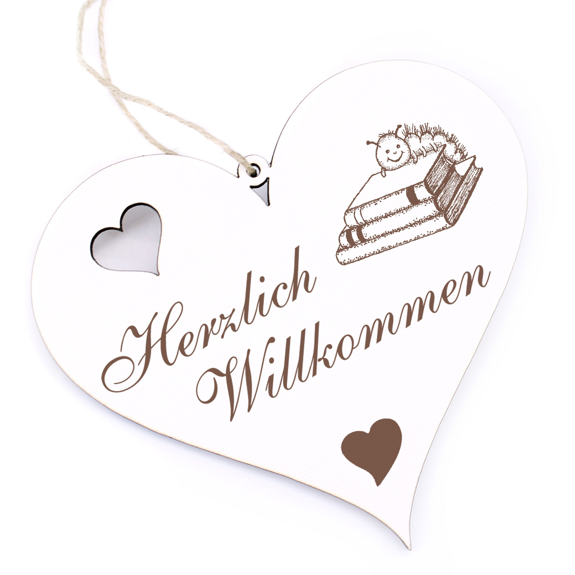 Herzlich Willkommen Schild - Bücherraupe - Deko Herz Holz