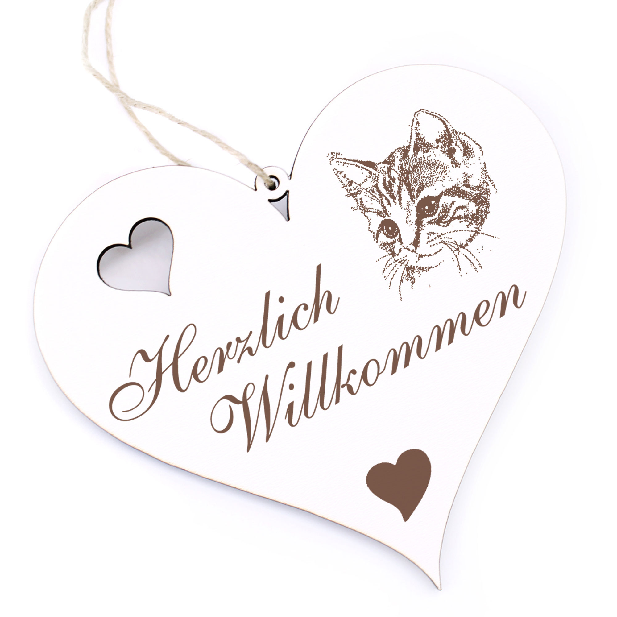 Herzlich Willkommen Schild - Hauskatze Kopf - Deko Herz Holz