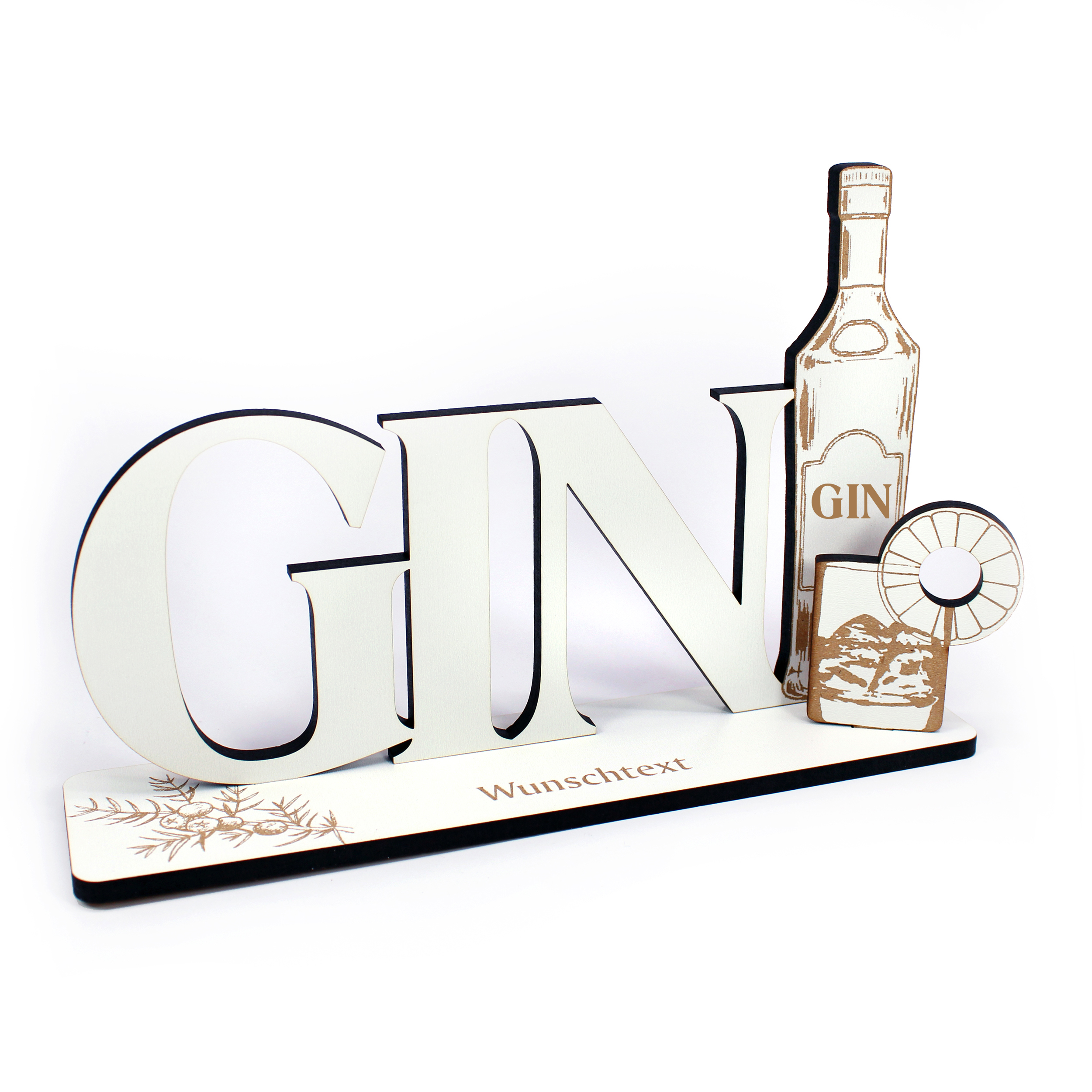 Dekoaufsteller „GIN“ – Aufsteller mit Gravur von Ginflasche & Glas – weiß mit brauner Gravur, 22×14,5 cm
