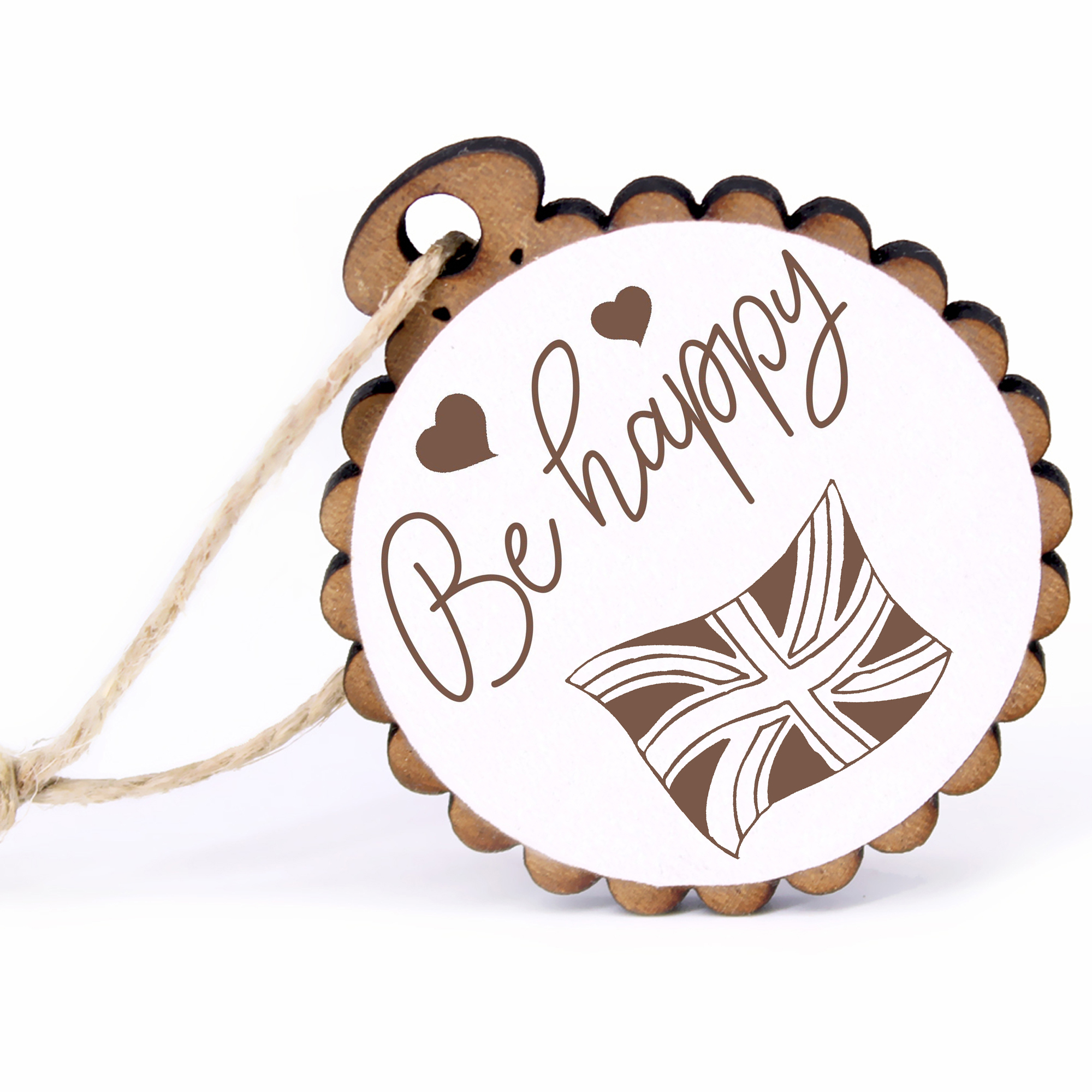 Geschenkanhänger - Be Happy Fahne England -  Holz Ø-5cm - mit Juteband