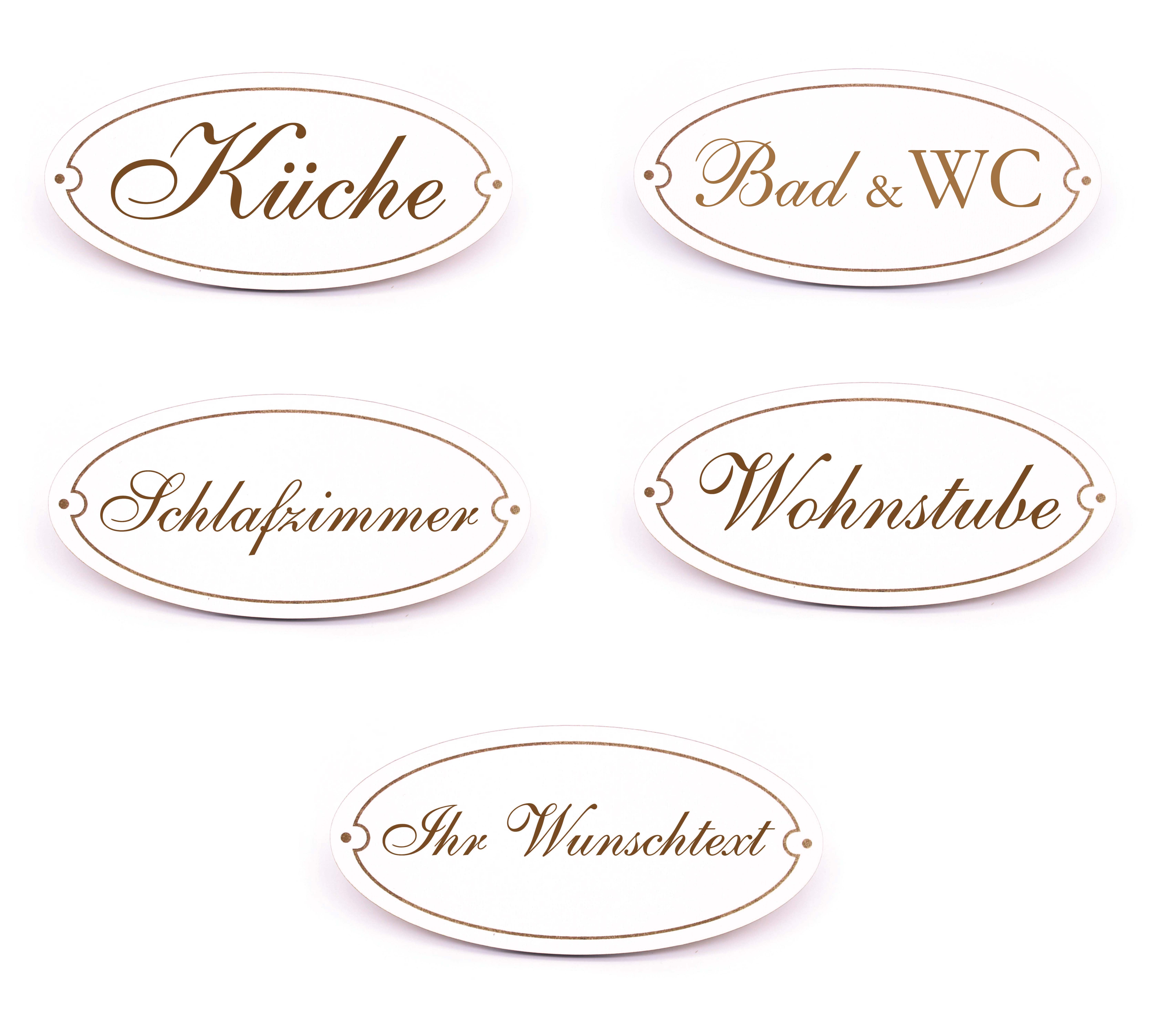 Türschilder 4+1 Set - Schlafzimmer Wohnstube Küche Bad & WC + Wunschtext Schild Holz Oval 15 x 7 cm