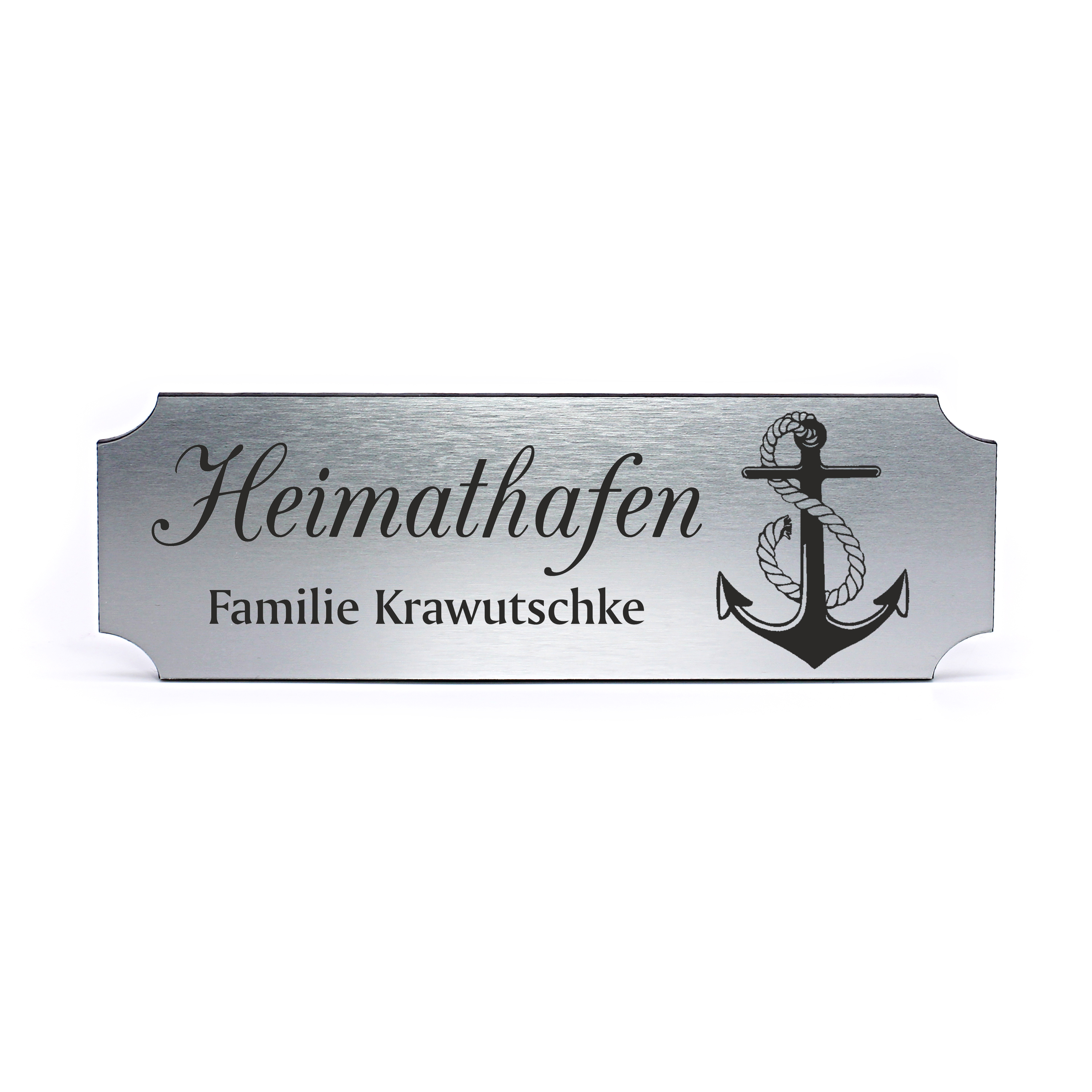 Schild personalisiert Heimathafen mit Anker Motiv - Name Familienname Türschild selbstklebend silber graviert 15 x 5 cm 
