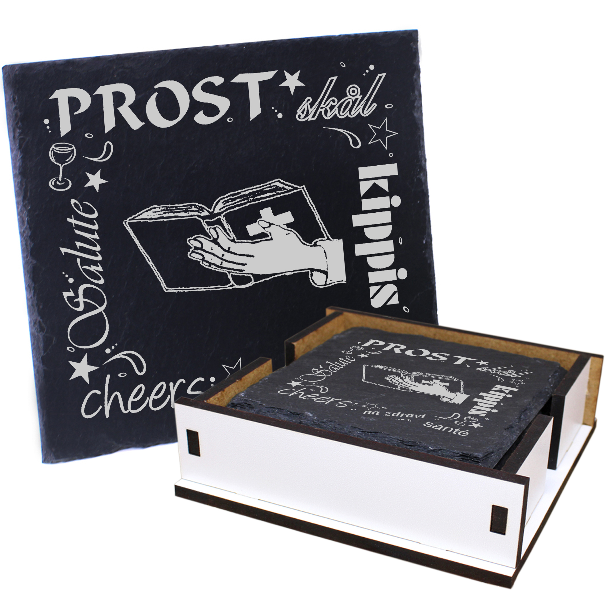 5 x Schiefer Untersetzer - Prost Bibel - inkl. Holzbox & Flaschenuntersetzer
