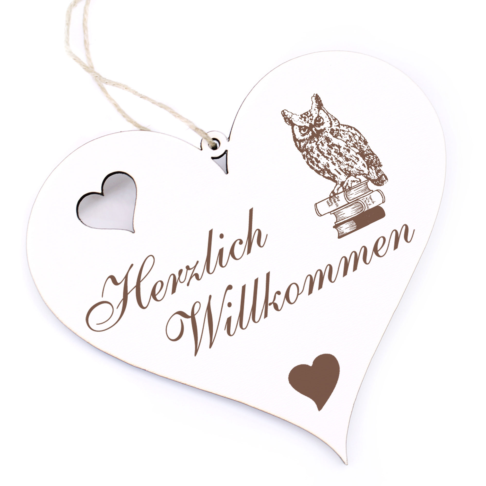 Herzlich Willkommen Schild - Eule auf Buch - Deko Herz Holz