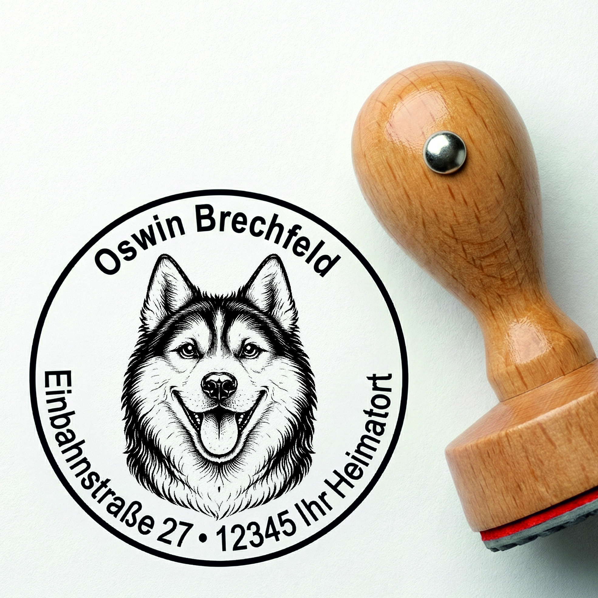 Stempel Sibirian Husky personalisiert – Hund Holzstempel mit Name & Adresse
