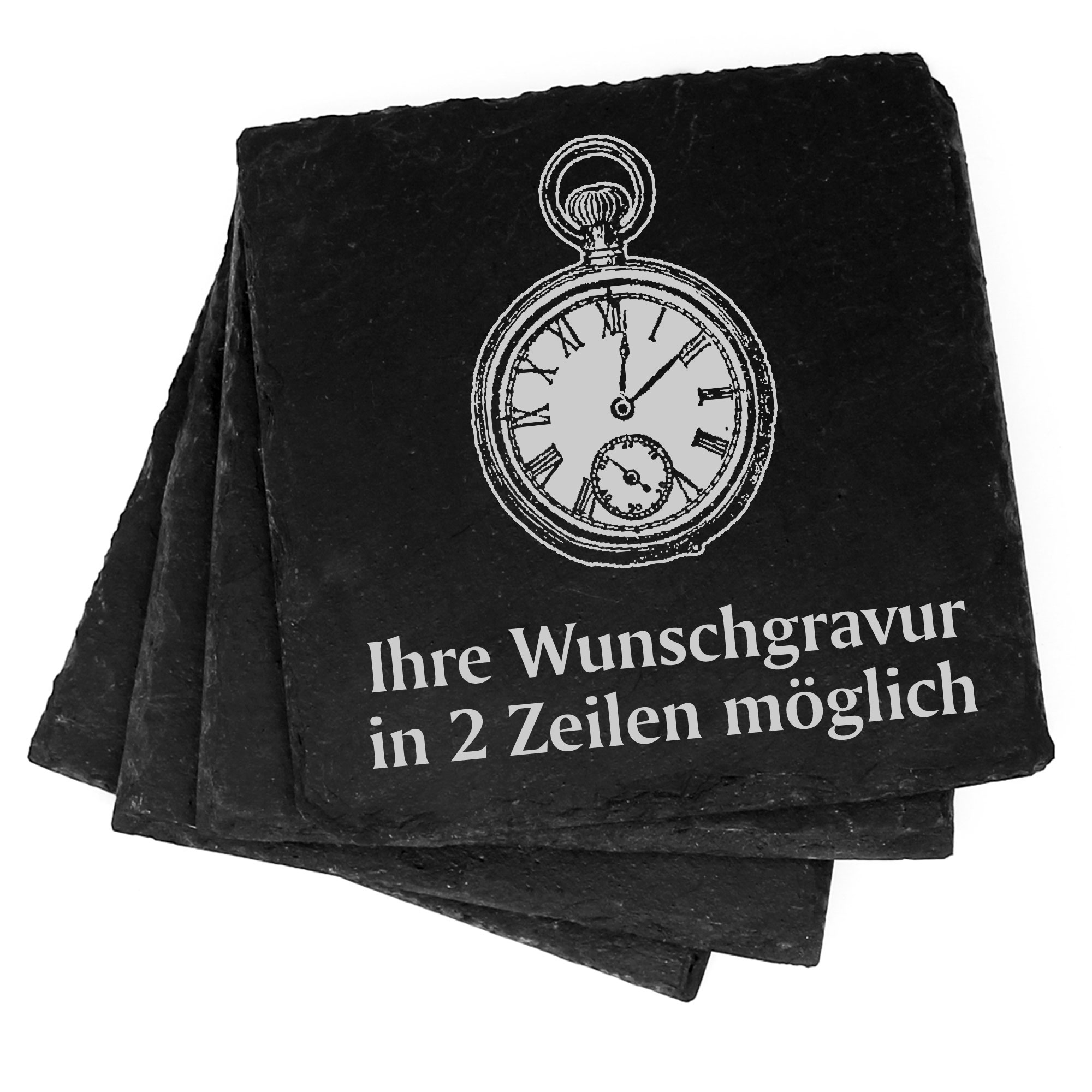 4x Taschenuhr Deko Schiefer Untersetzer Wunschgravur Set - 11 x 11 cm