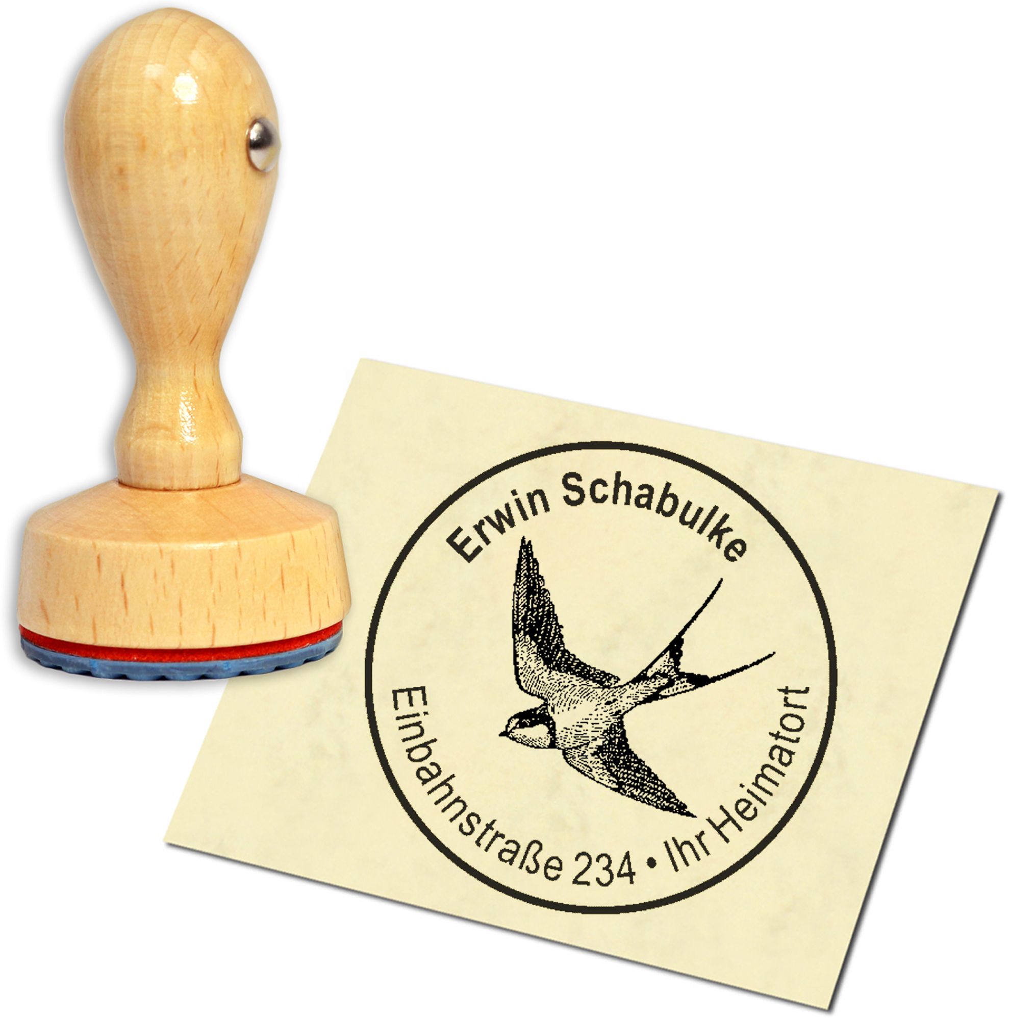 Stempel Adressstempel Holzstempel - Schwalbe - rund 40mm