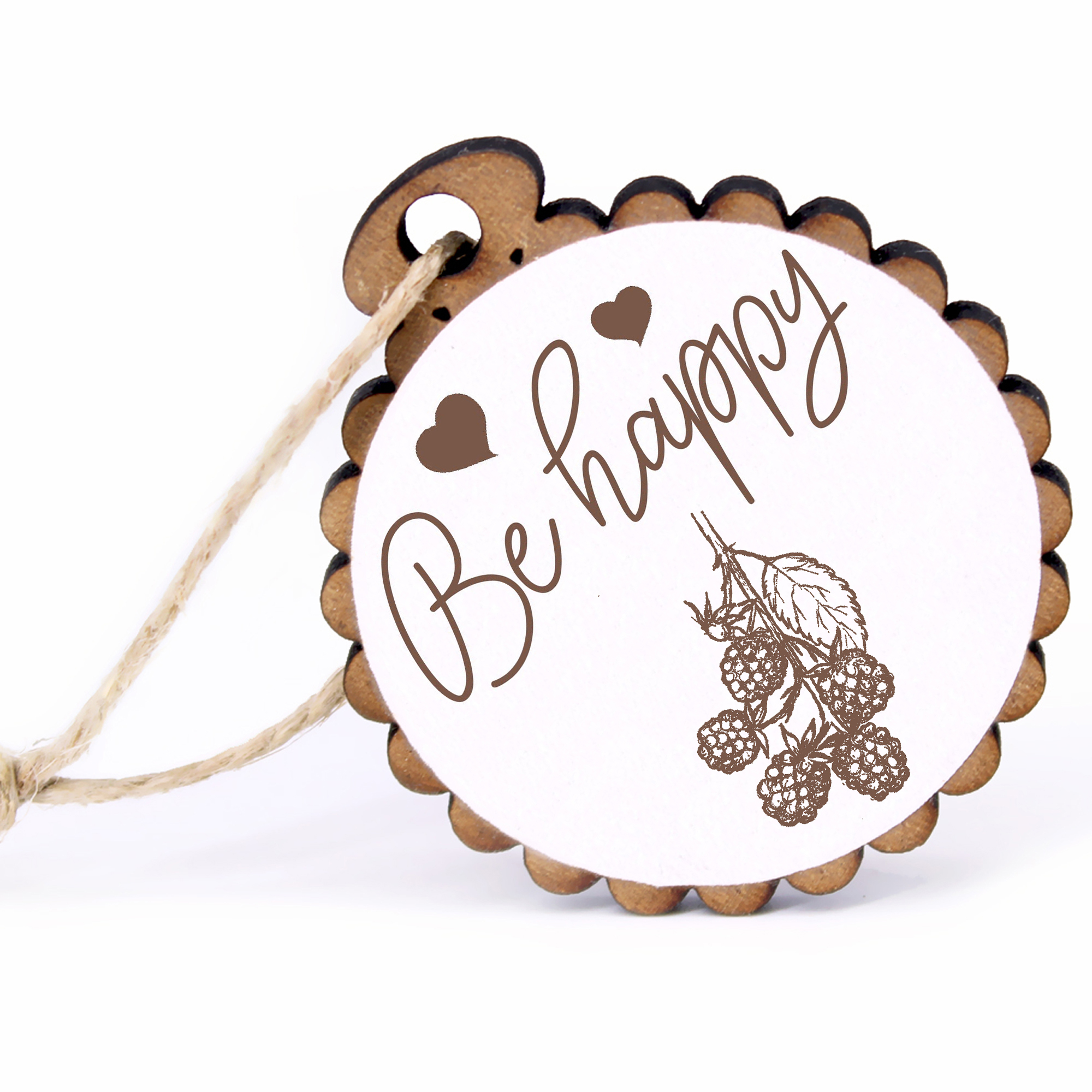 Geschenkanhänger - Be Happy Brombeere -  Holz Ø-5cm - mit Juteband