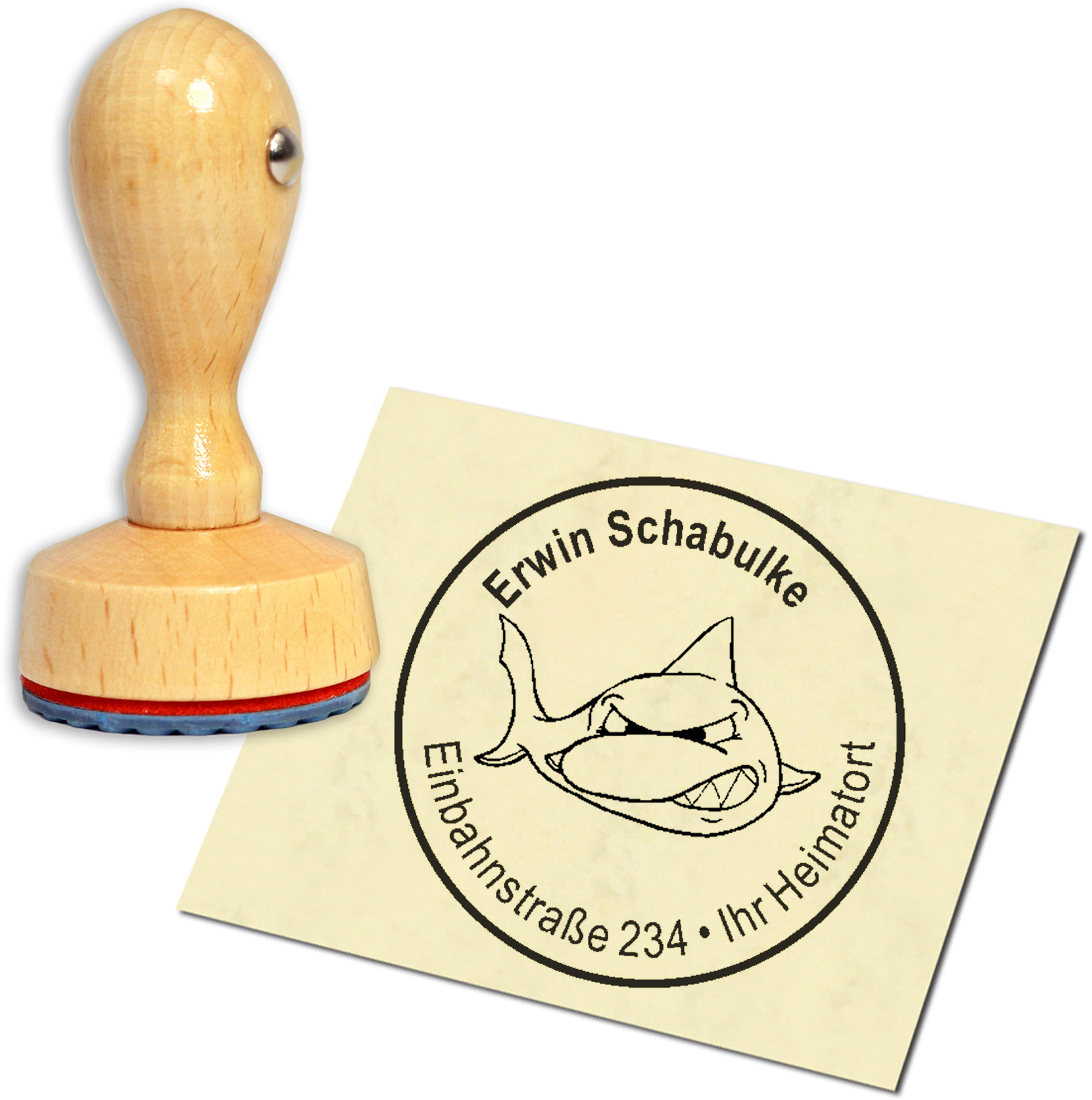 Stempel Adressstempel Holzstempel - lachender Hai - rund 40mm
