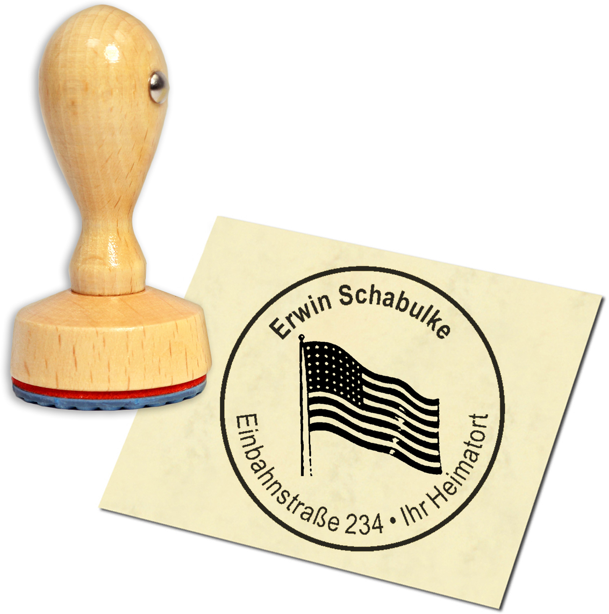 Stempel Adressstempel Holzstempel - Fahne Amerika - rund 40mm