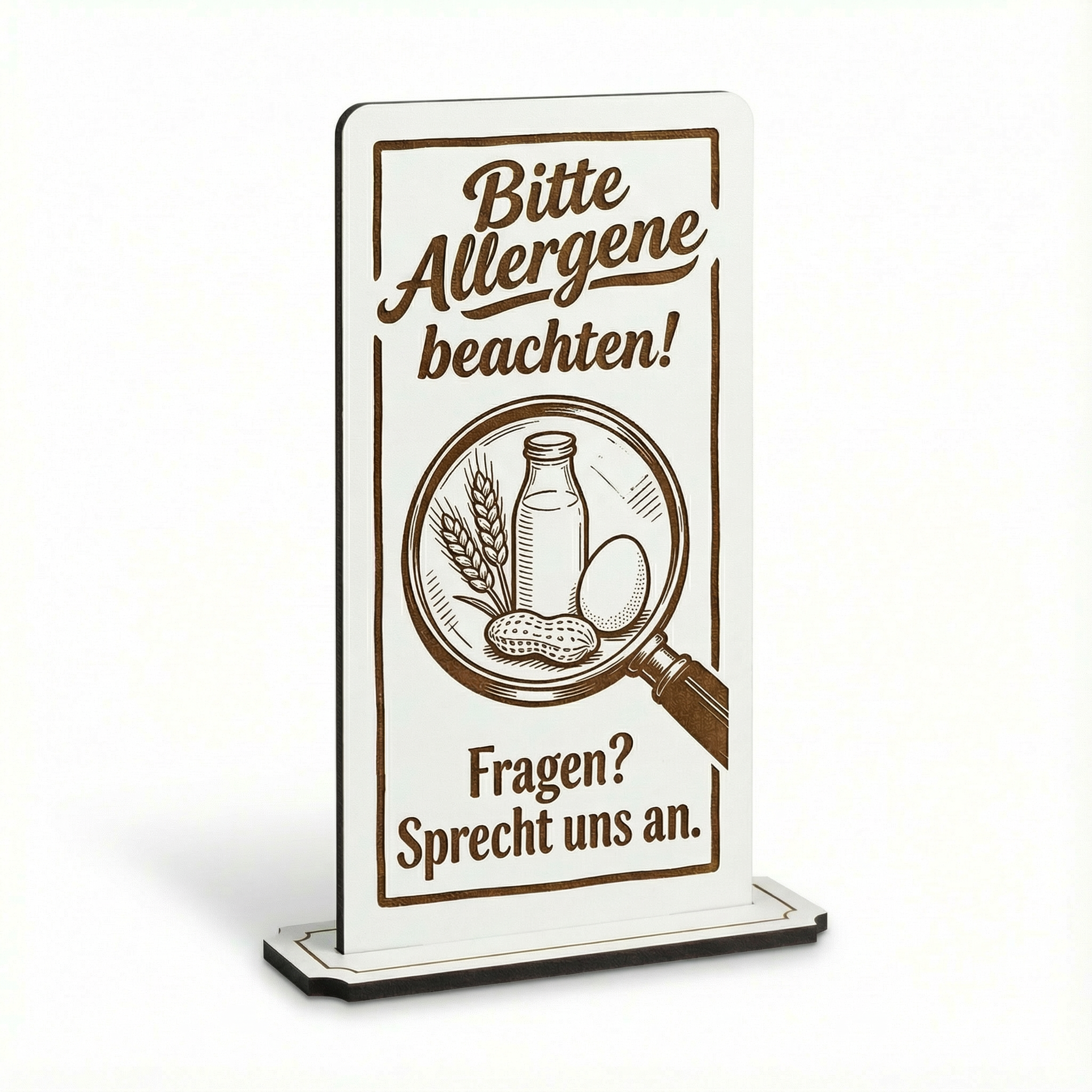 Aufsteller Schild „Bitte Allergene beachten! Fragen? Sprecht uns an.“ – Tischaufsteller 10x20 cm inkl. Standfuß