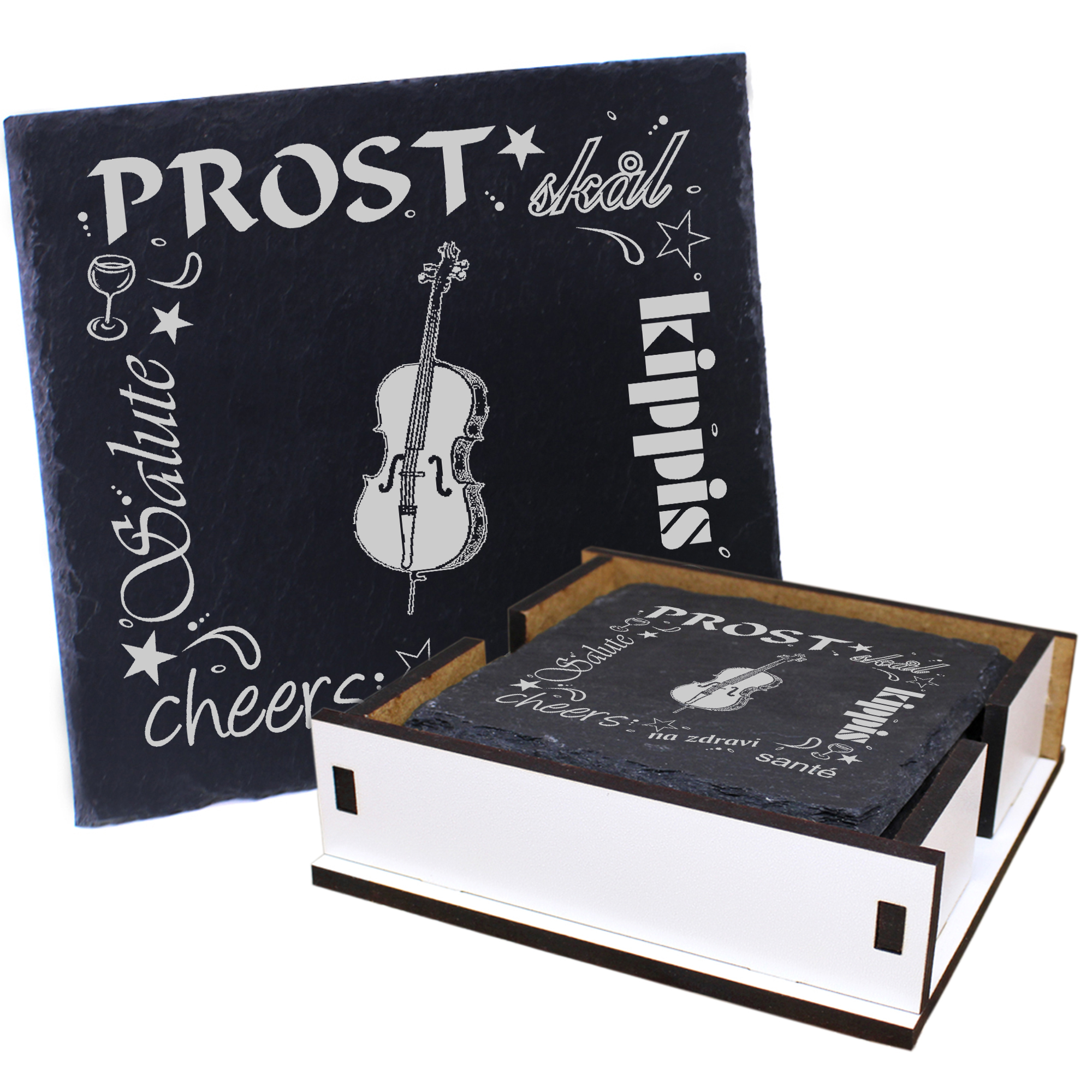 5 x Schiefer Untersetzer - Prost Cello - inkl. Holzbox & Flaschenuntersetzer