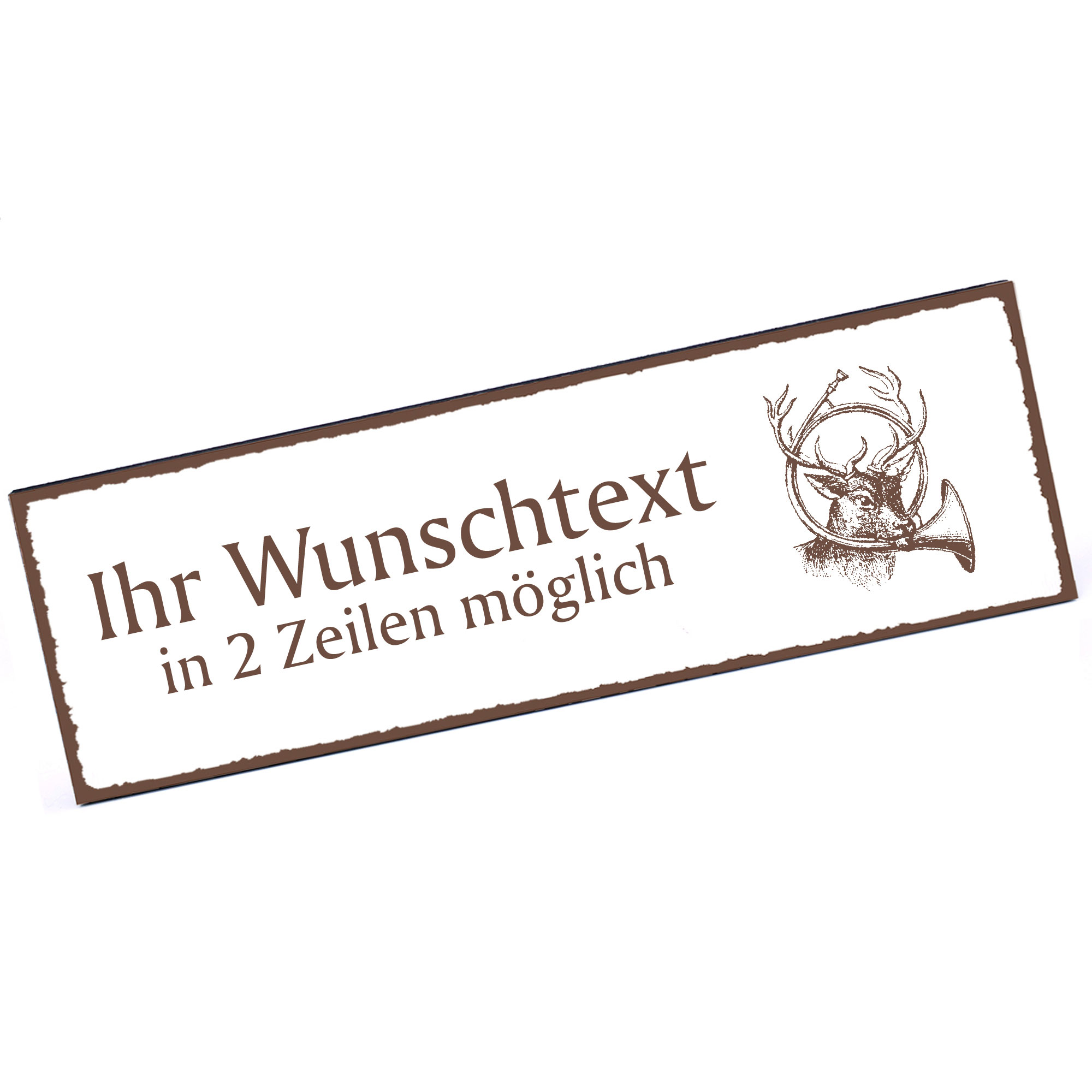 Türschild Hirsch mit Waldhorn  Namensschild personalisiert mit Gravur - 150mm x 50mm - selbstklebend