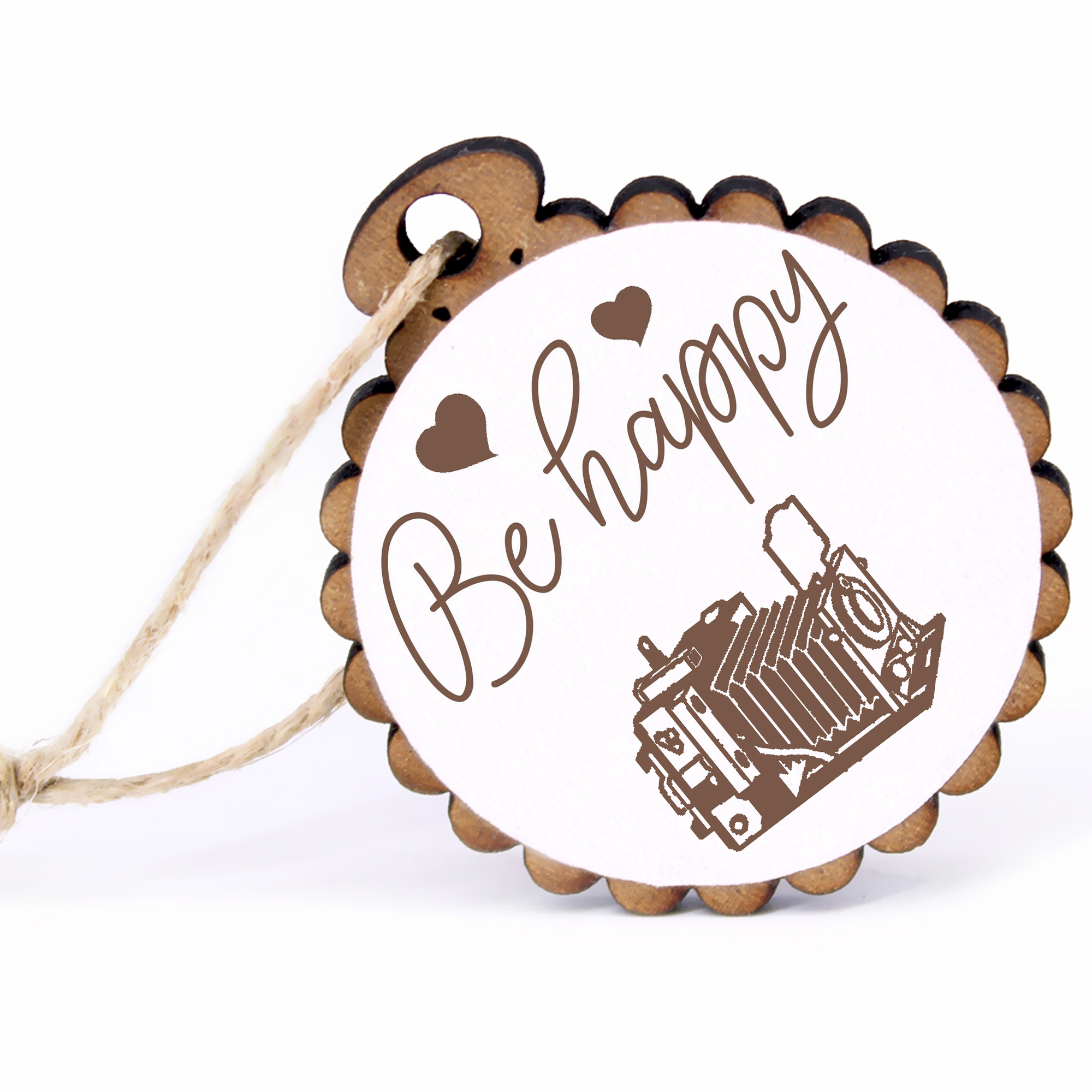 Geschenkanhänger - Be Happy alte Kamera -  Holz Ø-5cm - mit Juteband