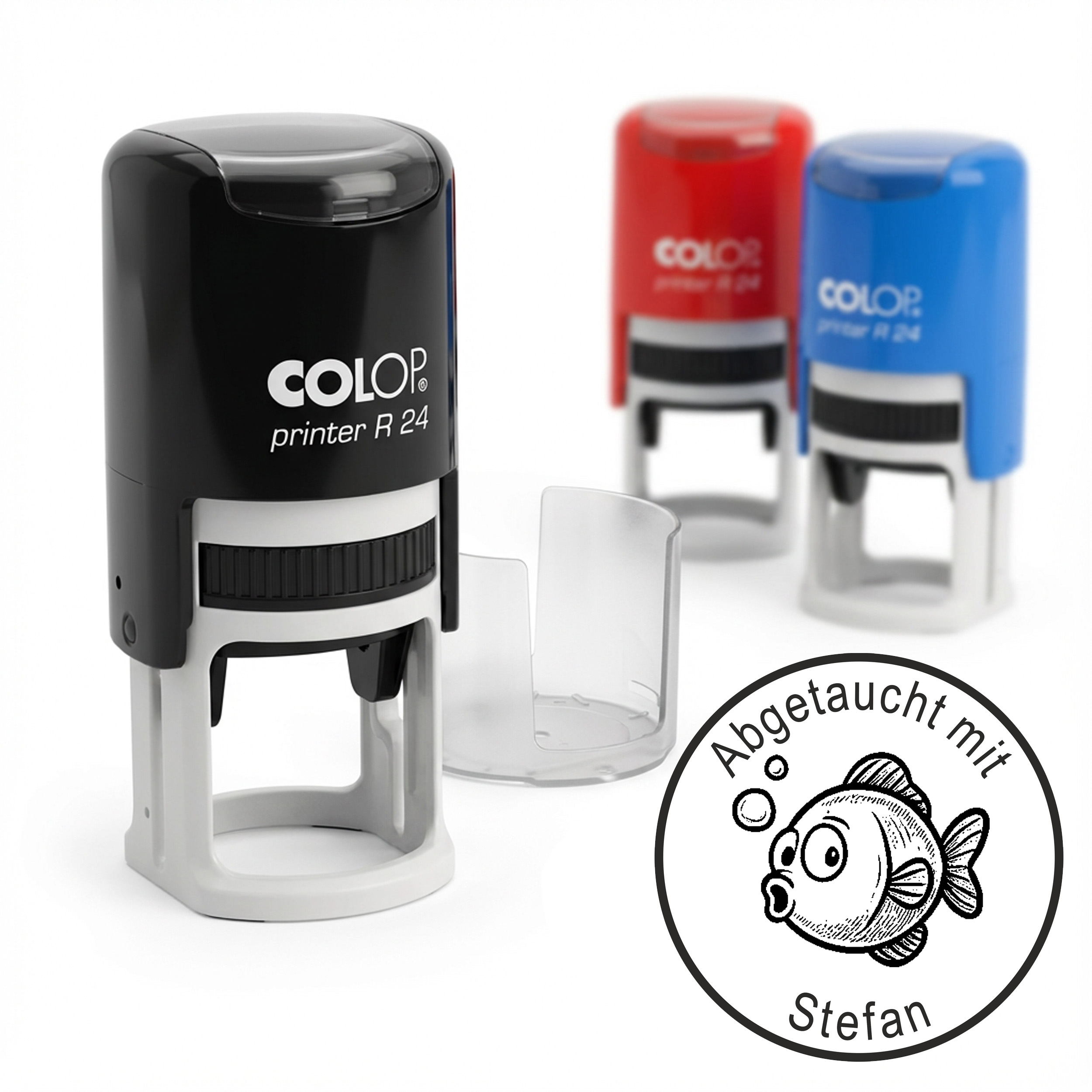 Taucherstempel Niedlicher Fisch 24x24 mm –  runder Stempel personalisiert für Taucherlogbuch, Tauchlogbuch & Tauchbuch