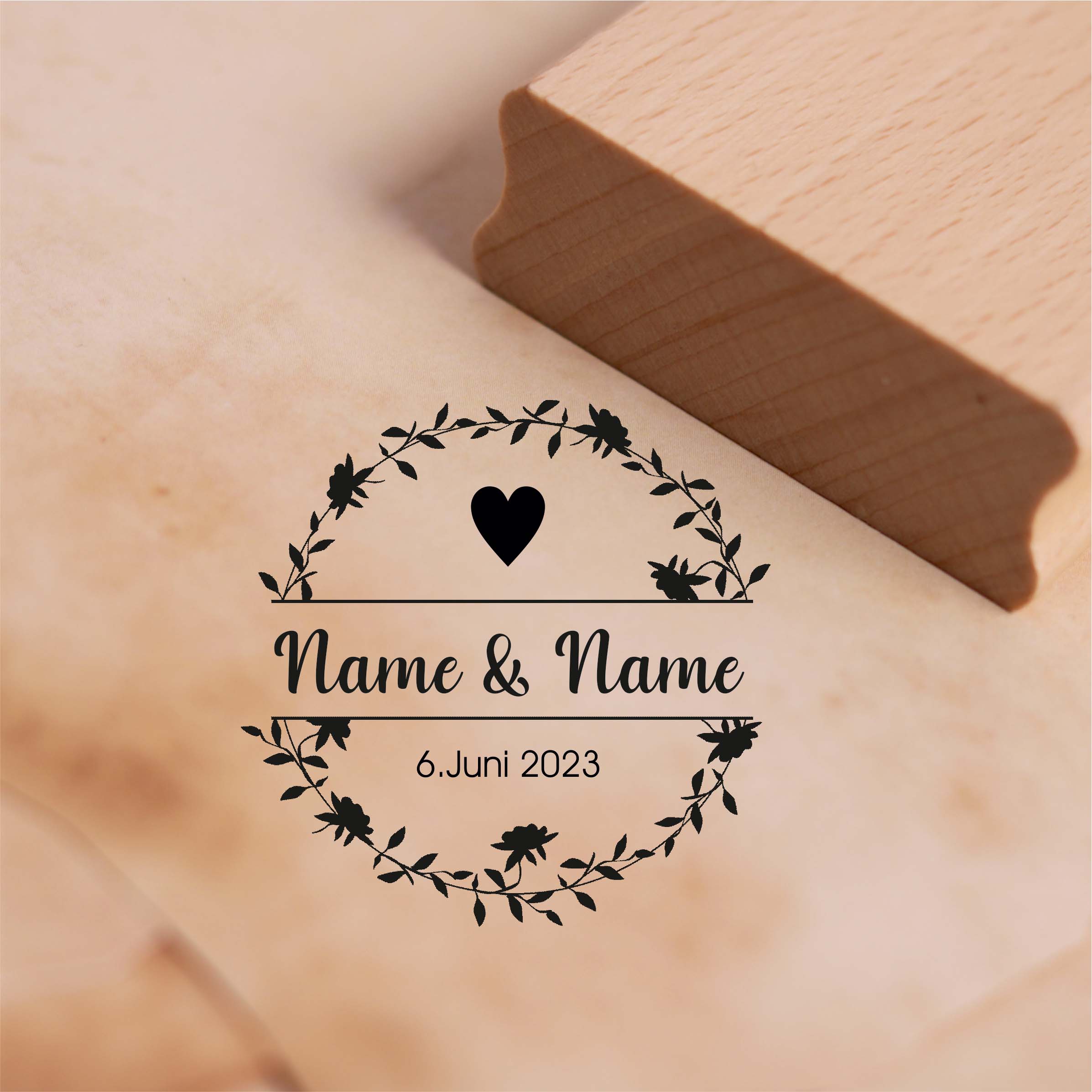 Motivstempel Herz Vintage Blumen Kranz Hochzeit Namen + Datum Stempel Hochzeitsstempel