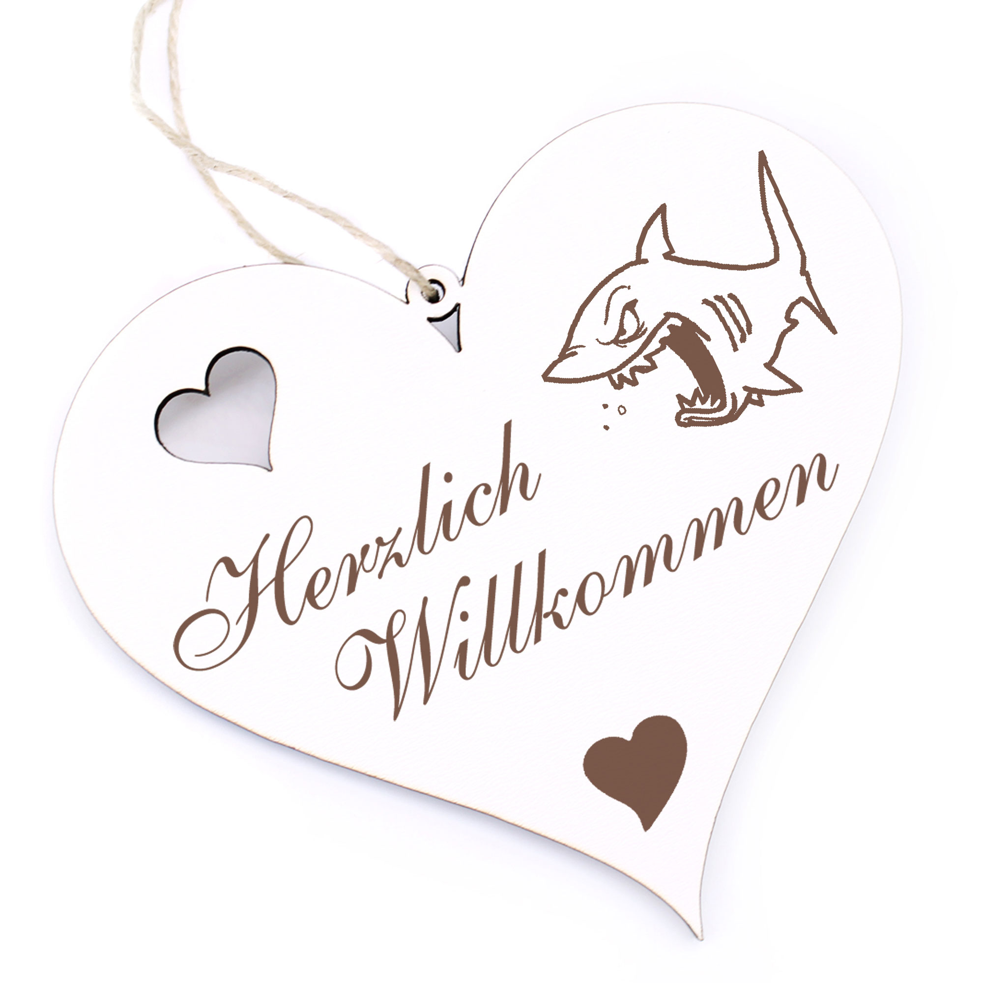 Herzlich Willkommen Schild - witziger Hai - Deko Herz Holz