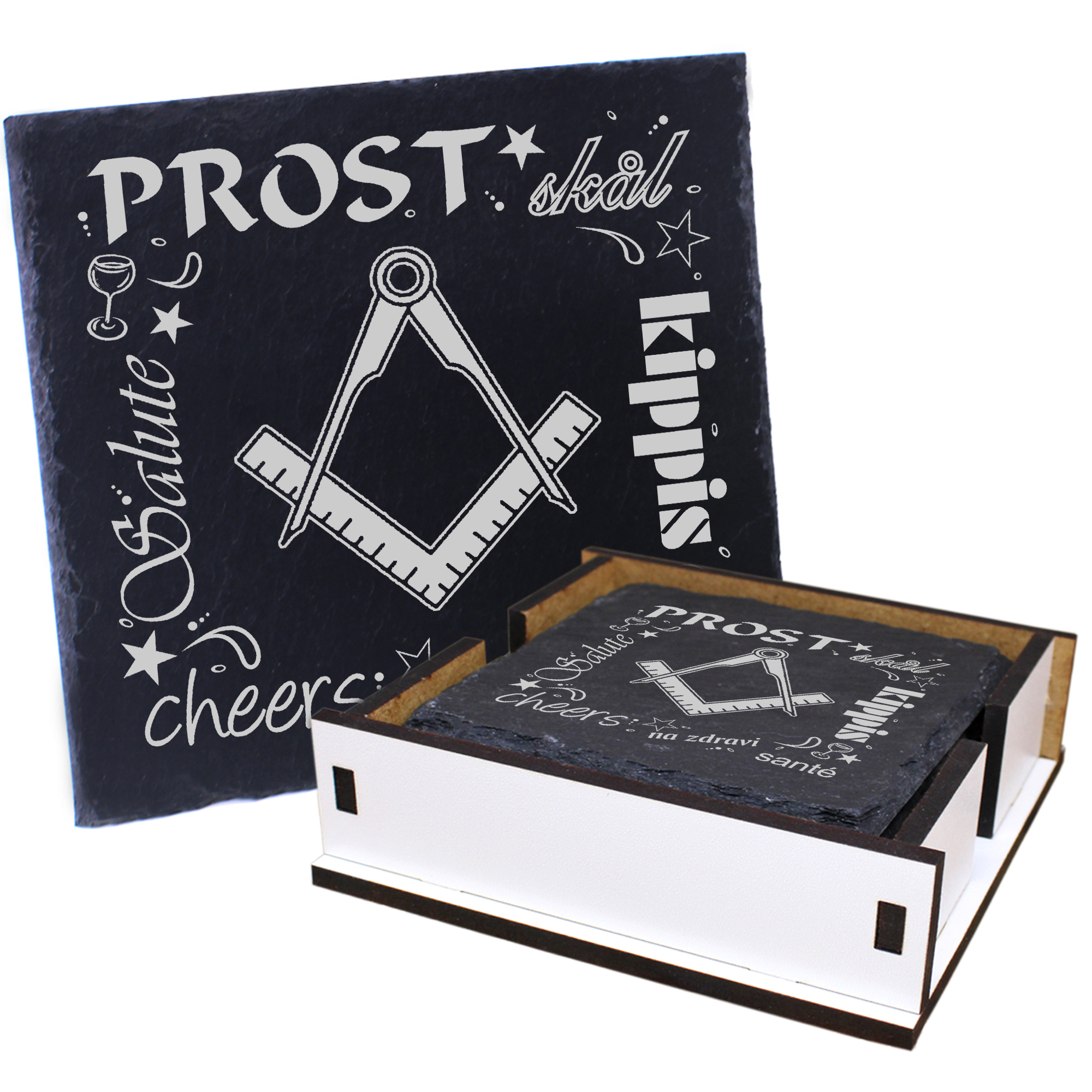 5 x Schiefer Untersetzer - Prost Freimaurer - inkl. Holzbox & Flaschenuntersetzer