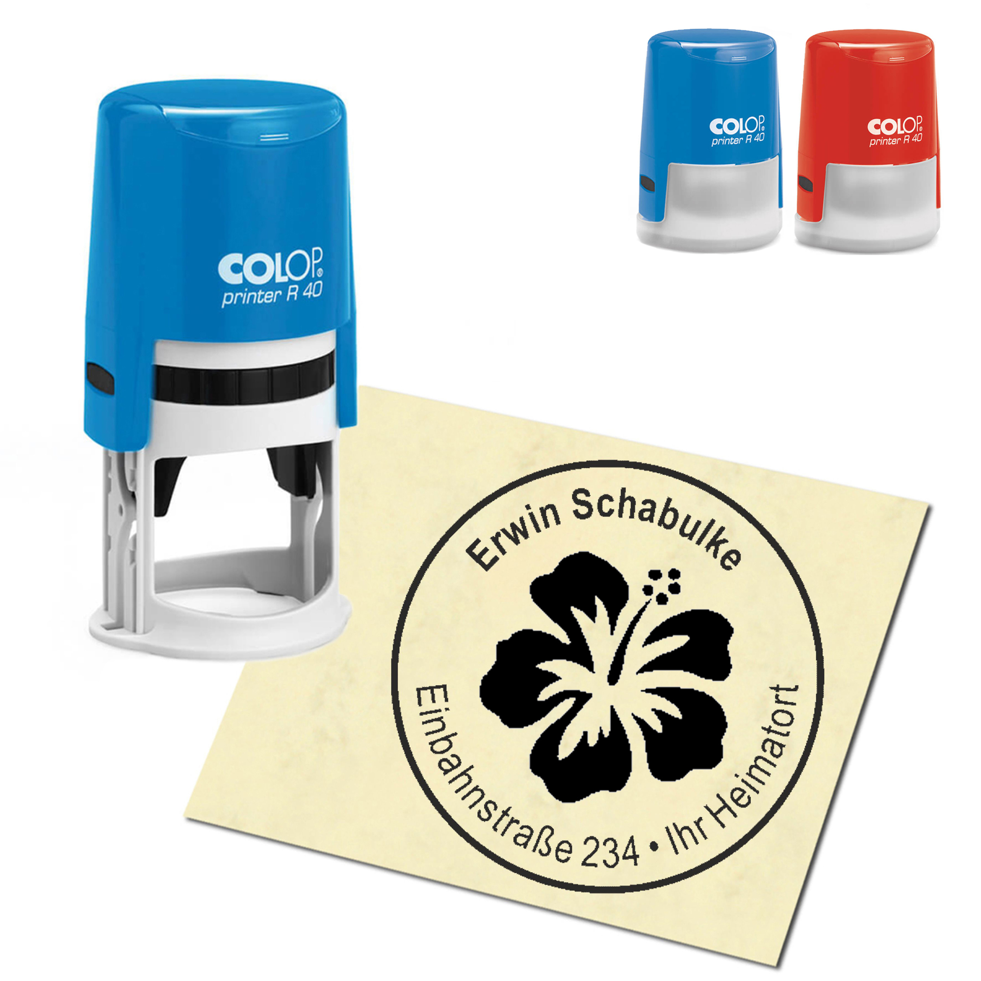 Stempel Adressstempel personalisiert - Hibiskus - rund &empty; 40mm