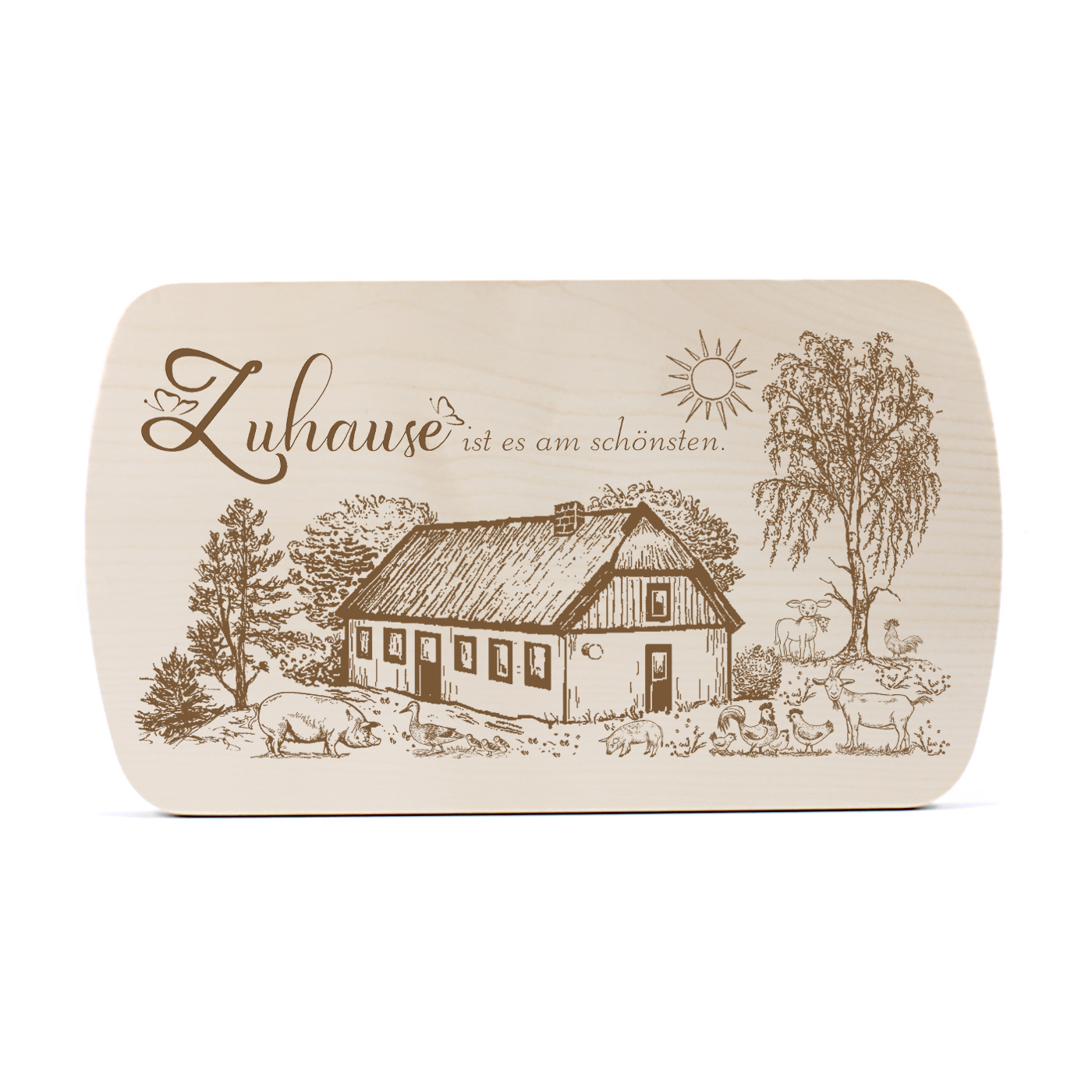 Frühstücksbrett Bauernhof – Holzbrett 24x14 cm mit Gravur „Zuhause ist es am schönsten“
