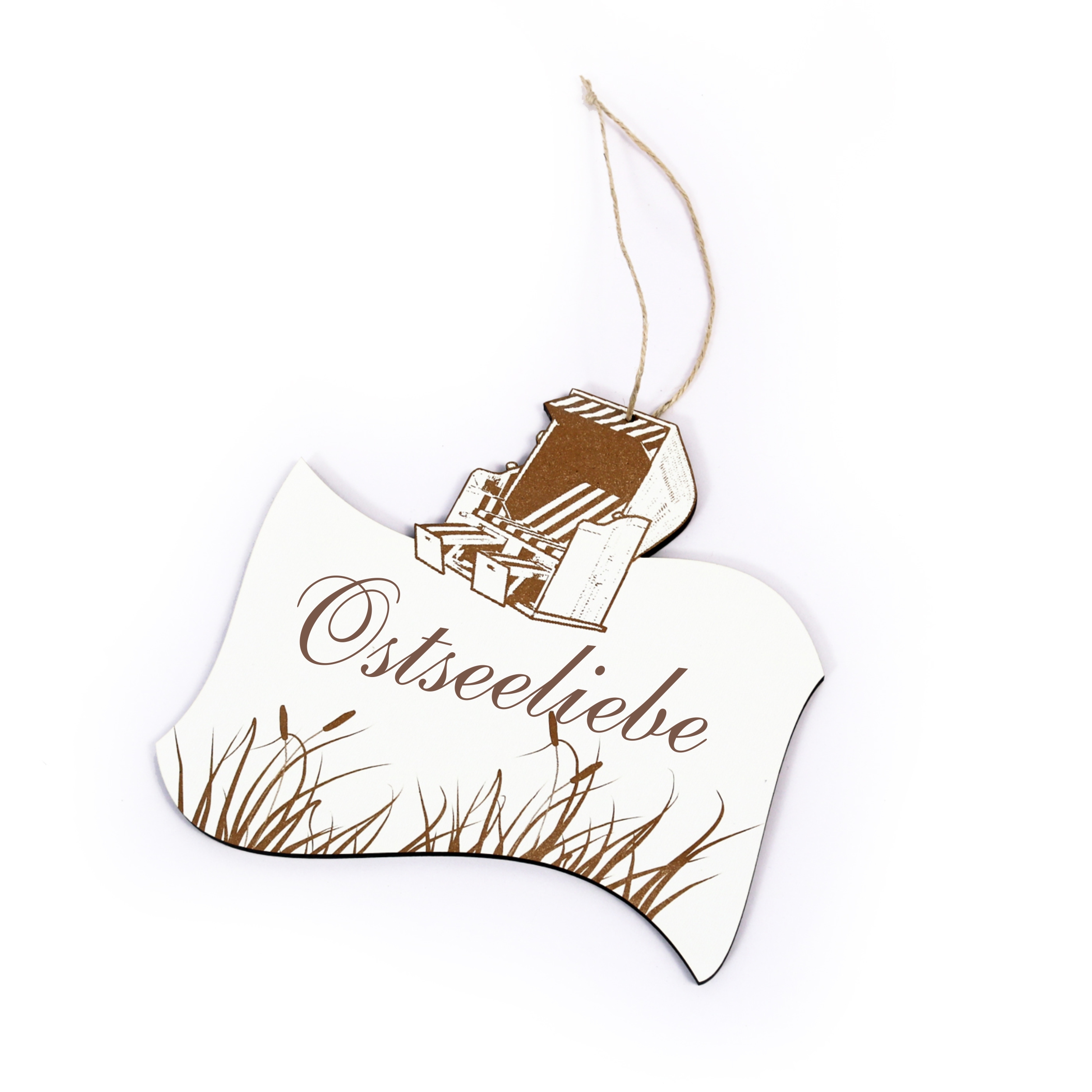 Maritimes Schild « OSTSEE LIEBE » mit Strandkorb und Schilf
