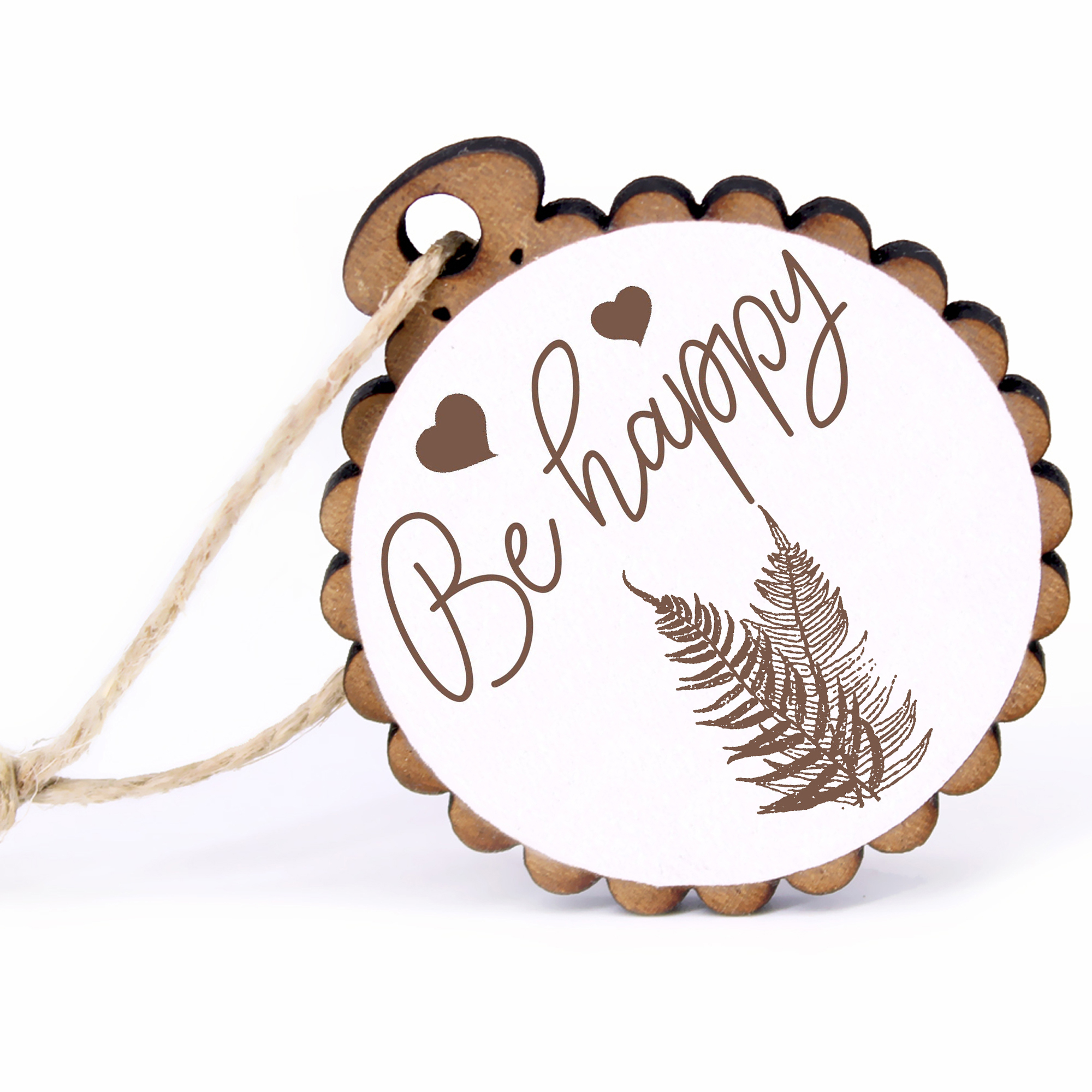 Geschenkanhänger - Be Happy Farn -  Holz Ø-5cm - mit Juteband