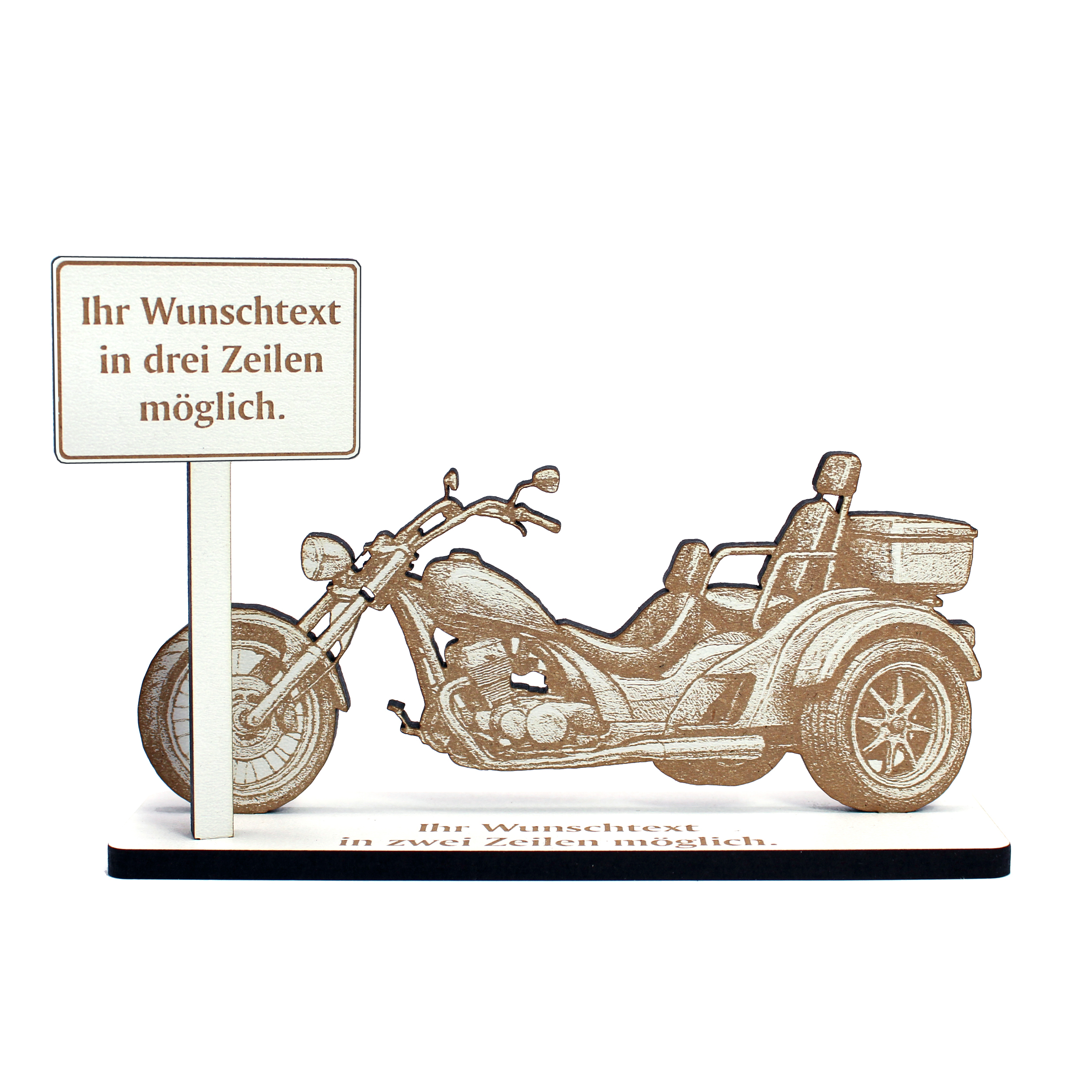 Geldgeschenk Aufsteller „Trike“ – Dekoaufsteller mit Dreirad Motorrad & personalisierbarem Ortsschild –  15×12 cm