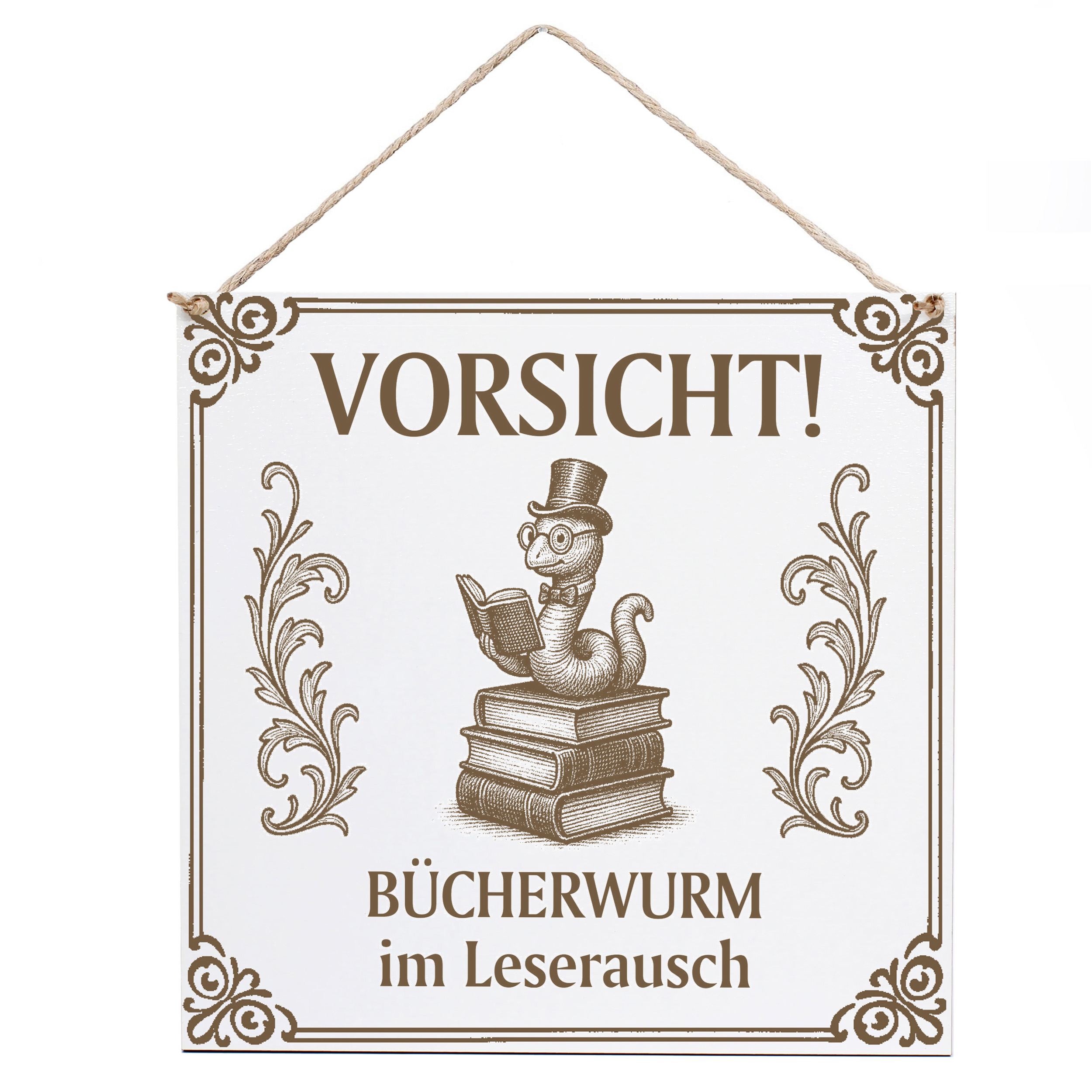 Dekoschild Bücherwurm Wurm auf Bücher 15×15 cm aus weißem HDF – Graviertes Spruchschild