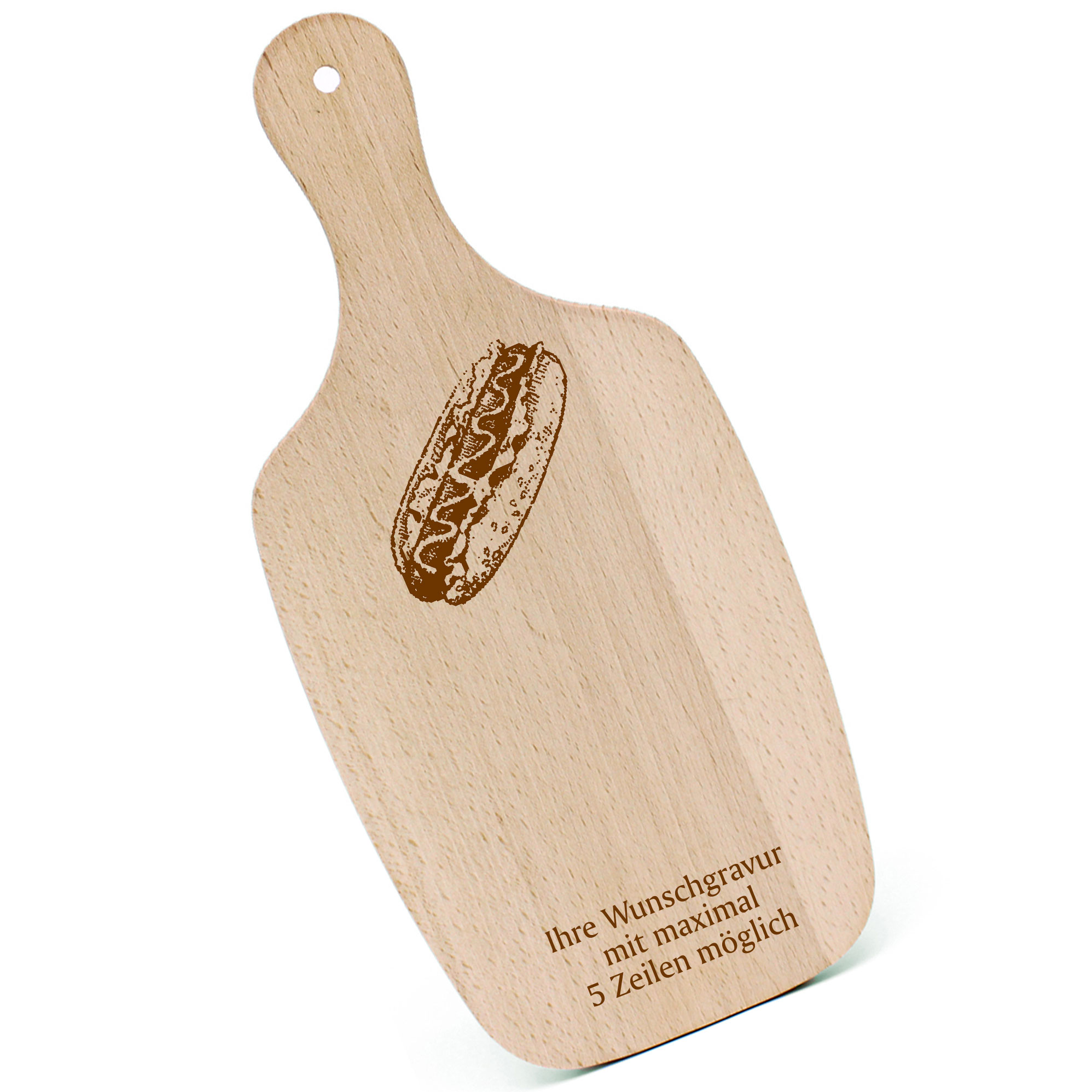 Schneidebrett Frühstücksbrettchen - Hotdog - mit Griff 330x150mm