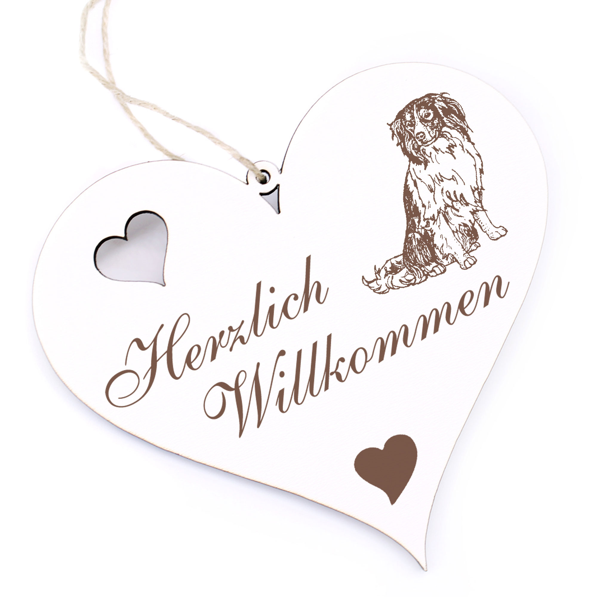 Herzlich Willkommen Schild - Nederlandse Kooikerhondje - Deko Herz Holz