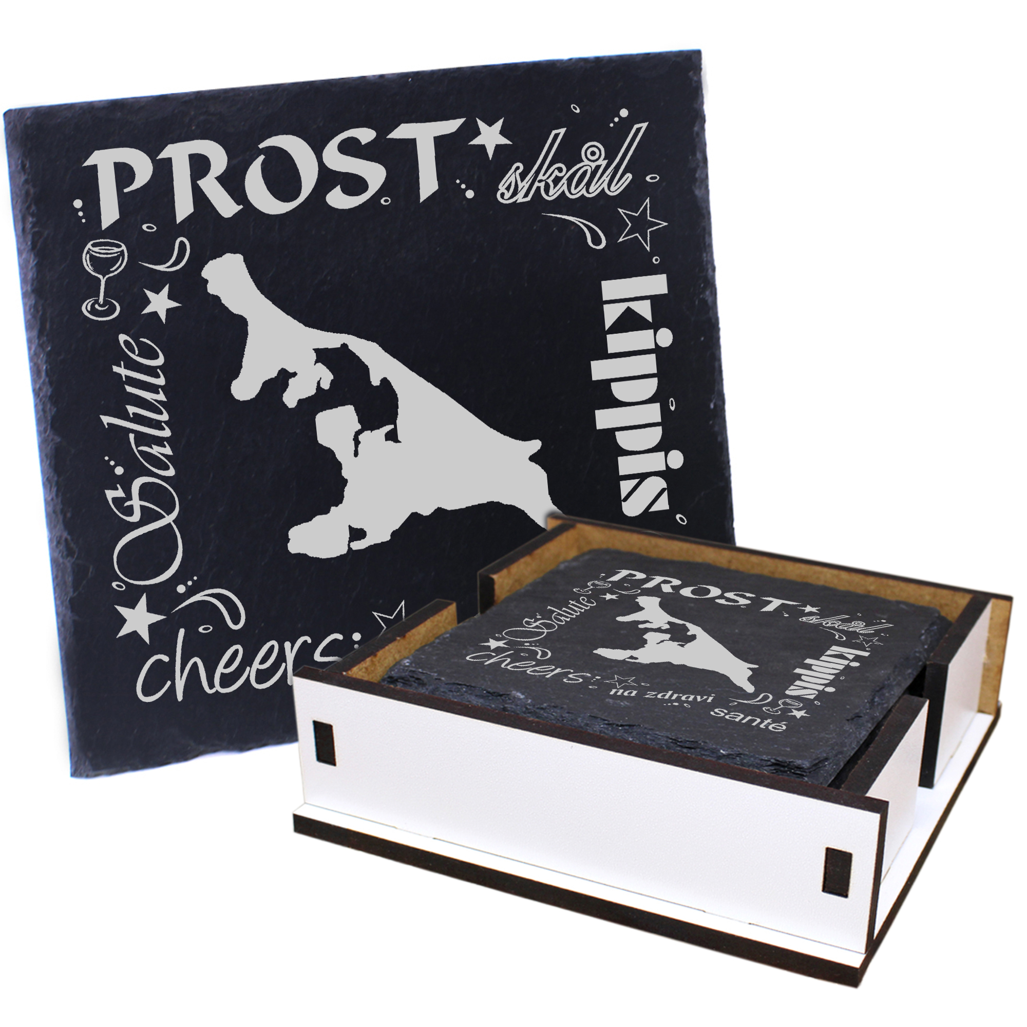 5 x Schiefer Untersetzer - Prost Insel Usedom - inkl. Holzbox & Flaschenuntersetzer