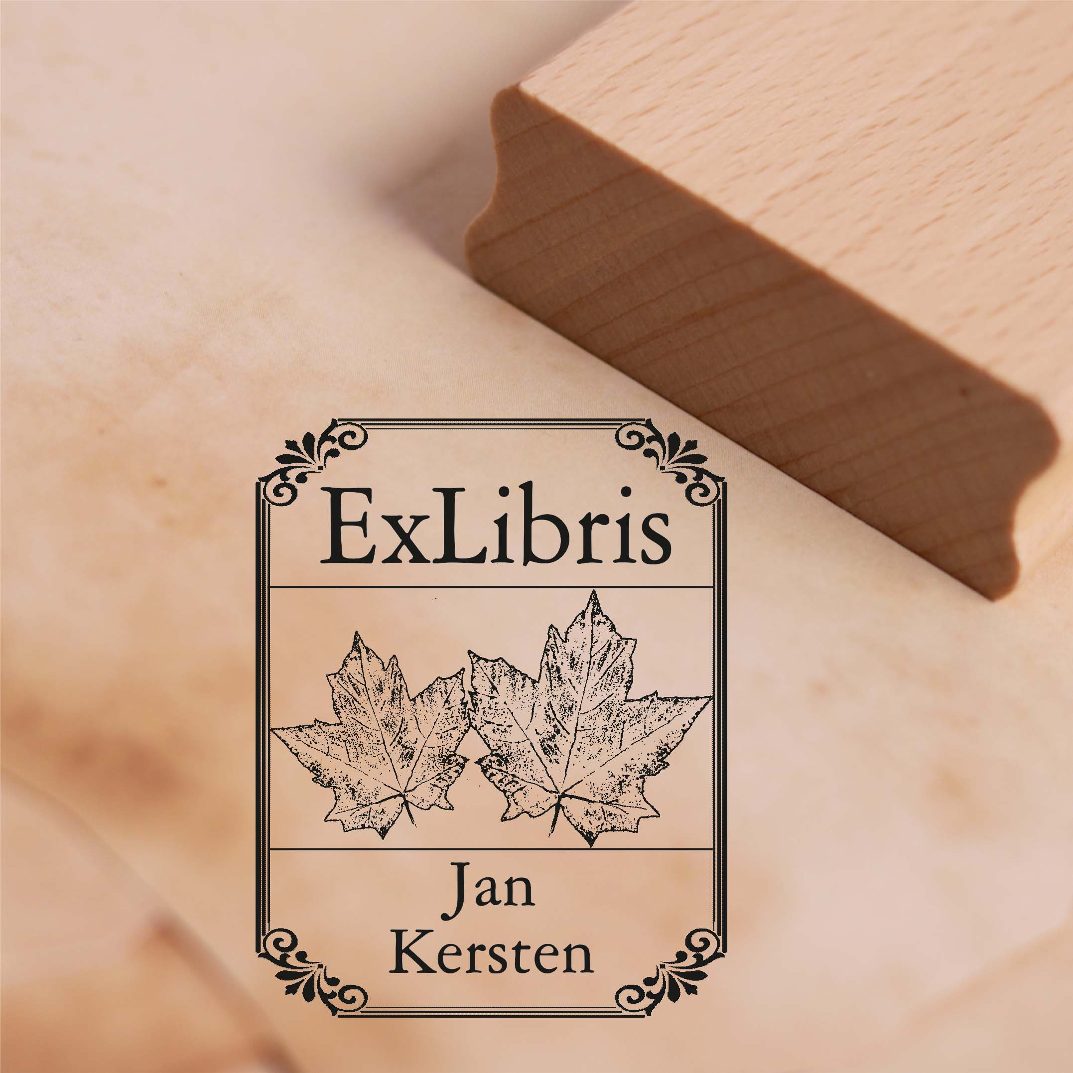Ex Libris Stempel Ahornblatt mit Name - Vintage Rahmen - Exlibris Motivstempel 38 x 48 mm