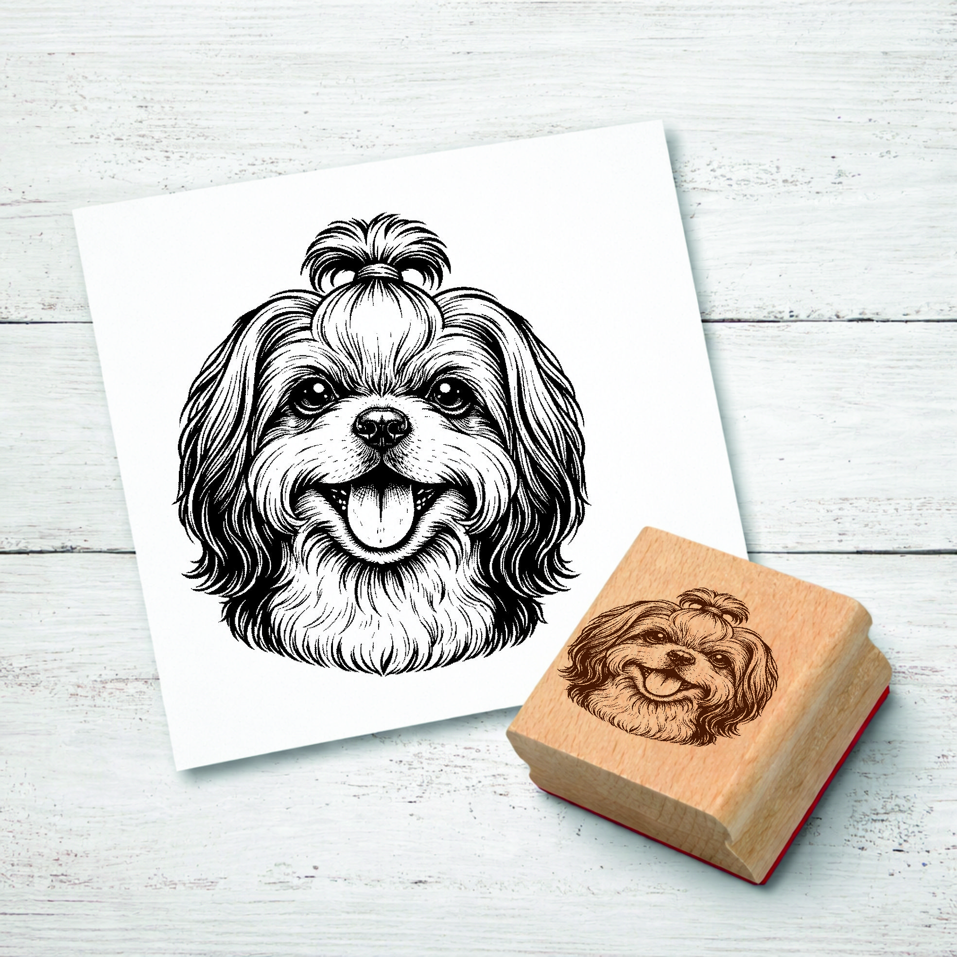 Motivstempel Shih Tzu Hund - Stempel mit Hundemotiv - Holzstempel Abdruck 44 x 48 mm