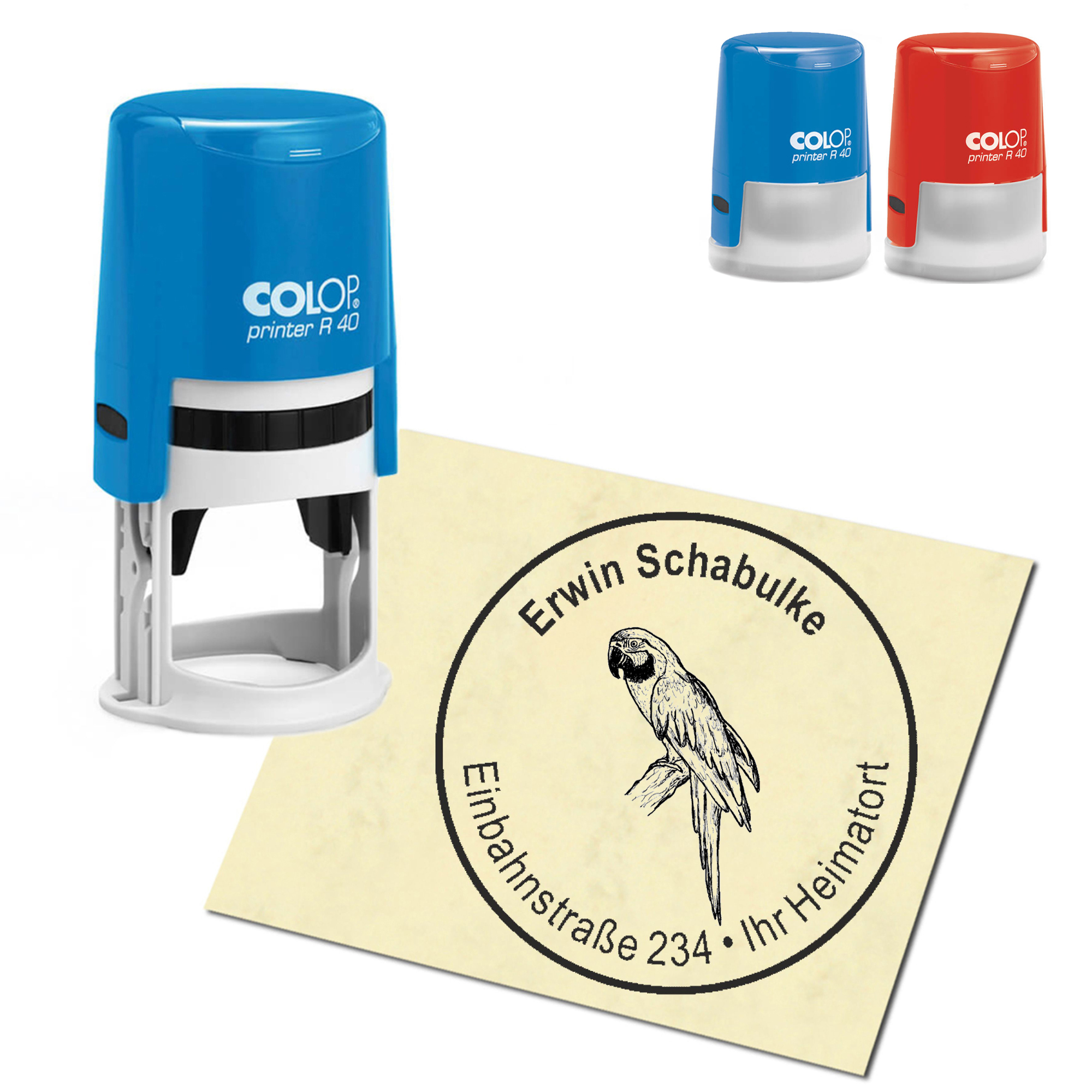 Stempel Adressstempel personalisiert - Papagei auf Ast - rund &empty; 40mm