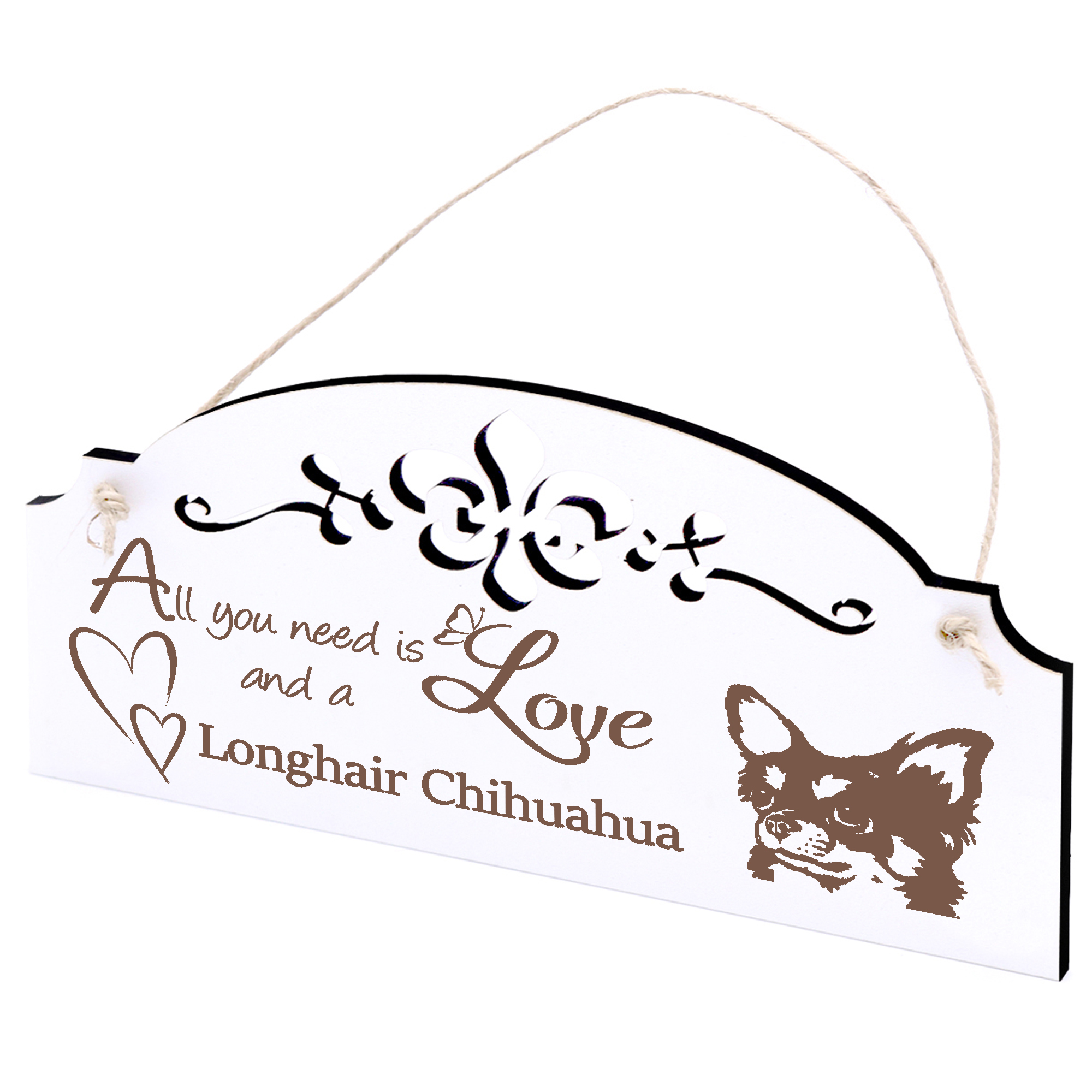 Schild Langhaar Chihuahua Kopf Deko 20x10cm - All you need is Love and a Longhair Chihuahua - Holz