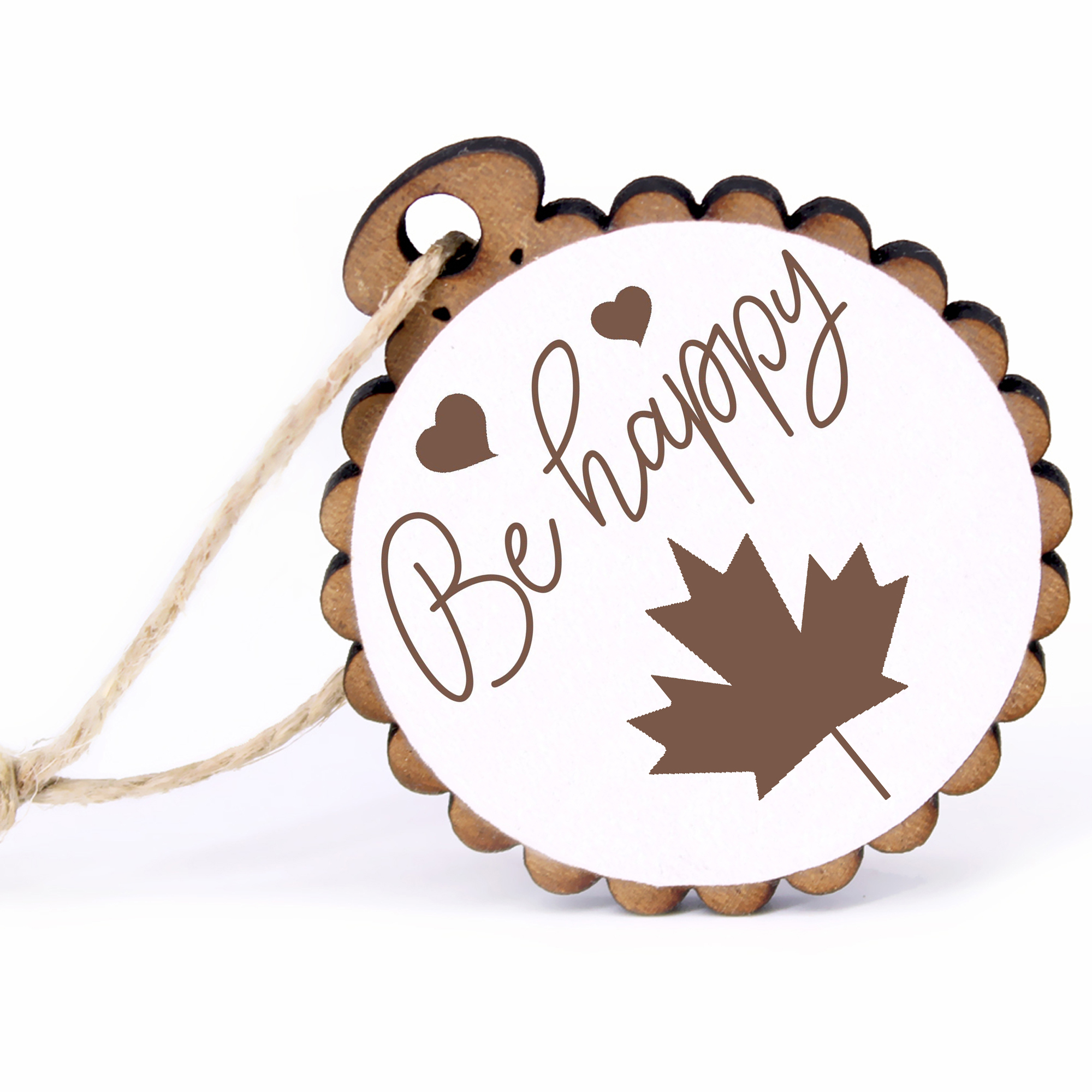 Geschenkanhänger - Be Happy Fahne Canada -  Holz Ø-5cm - mit Juteband