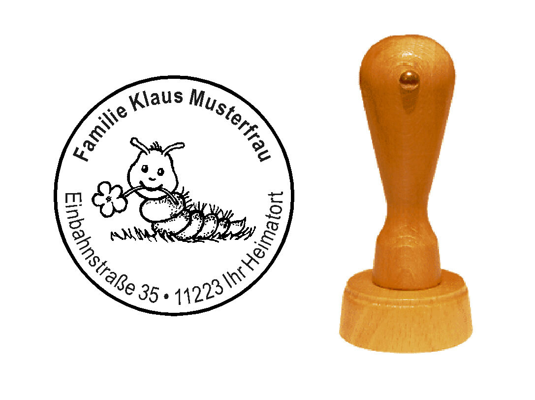 « Raupe mit Blume » Holzstempel mit persönlichem Wunschtext