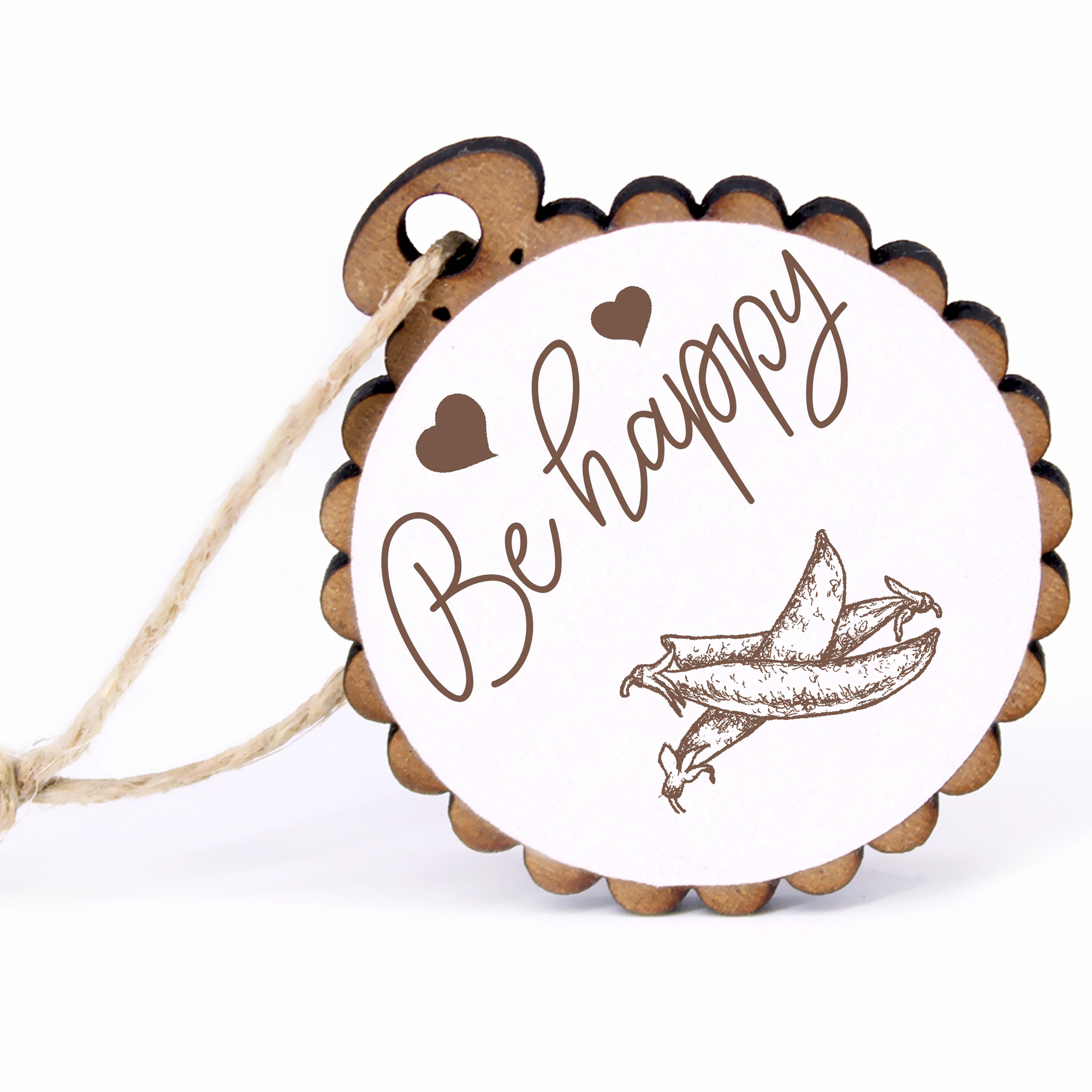 Geschenkanhänger - Be Happy Erbsenschote -  Holz Ø-5cm - mit Juteband