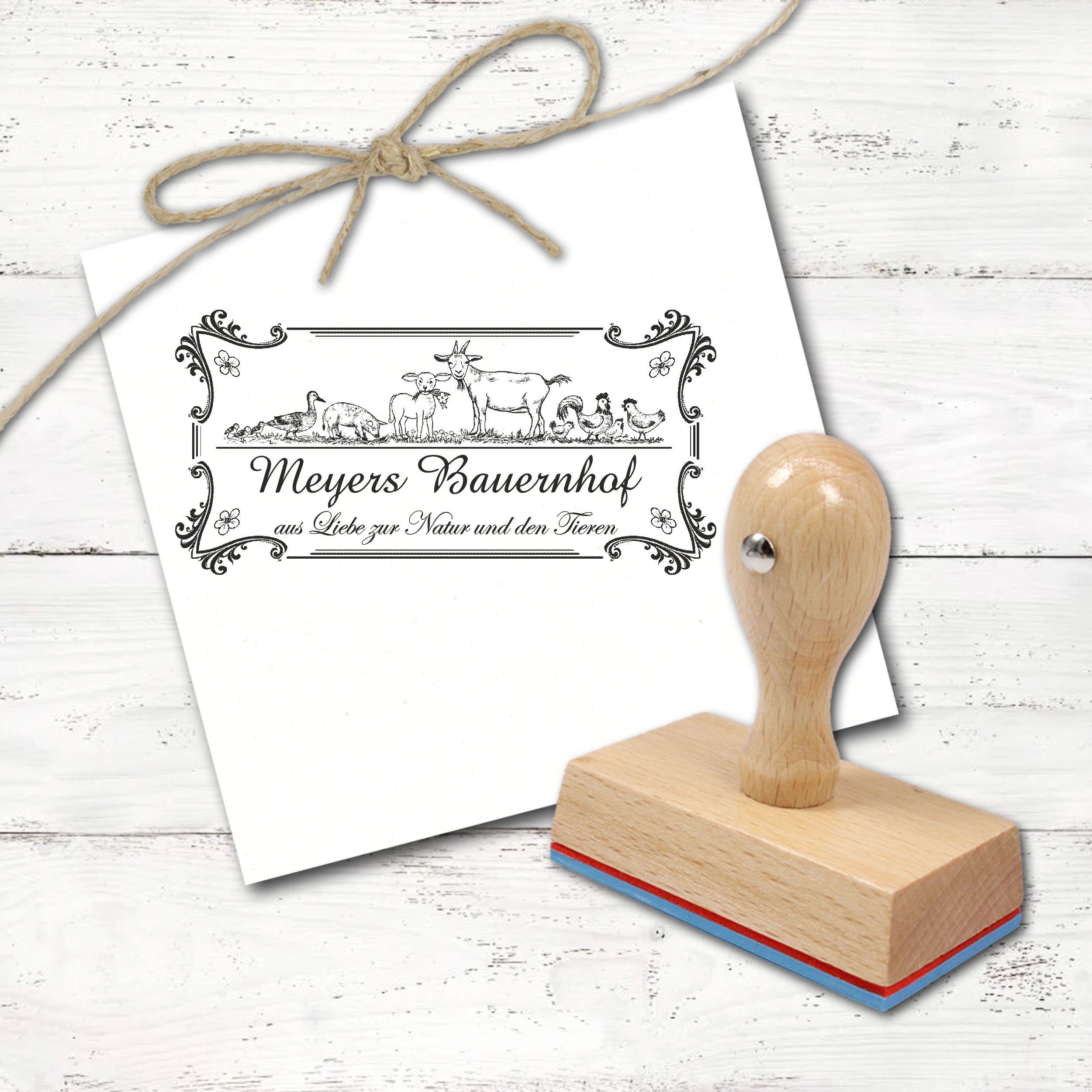 Personalisierter Bauernhof Stempel mit Name – aus Liebe zur Natur und den Tieren - Ziege Ente Schwein - 100x50 mm