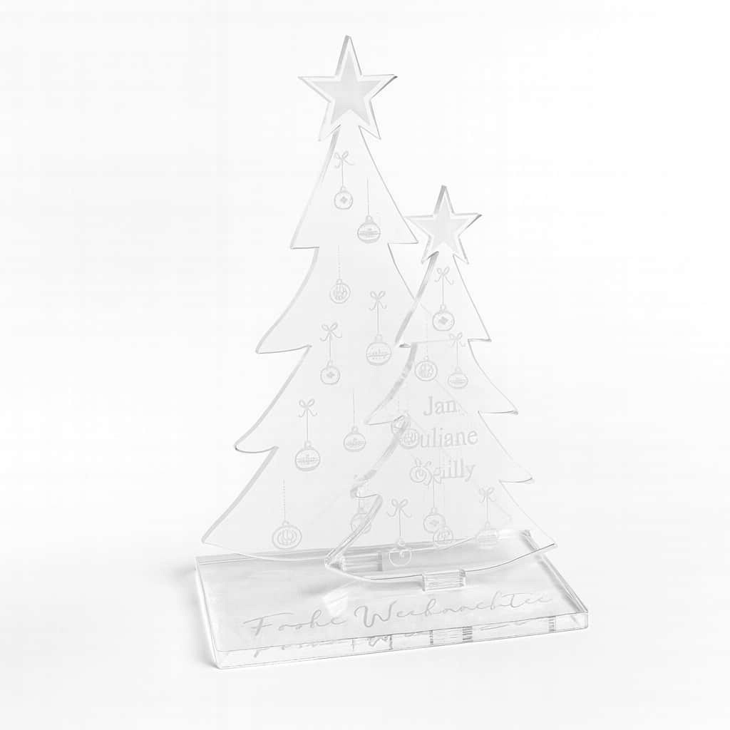 Acryl Aufsteller mit zwei Tannenbäumen – personalisierbare Weihnachtsdeko aus klarem Plexiglas mit weißer Gravur 