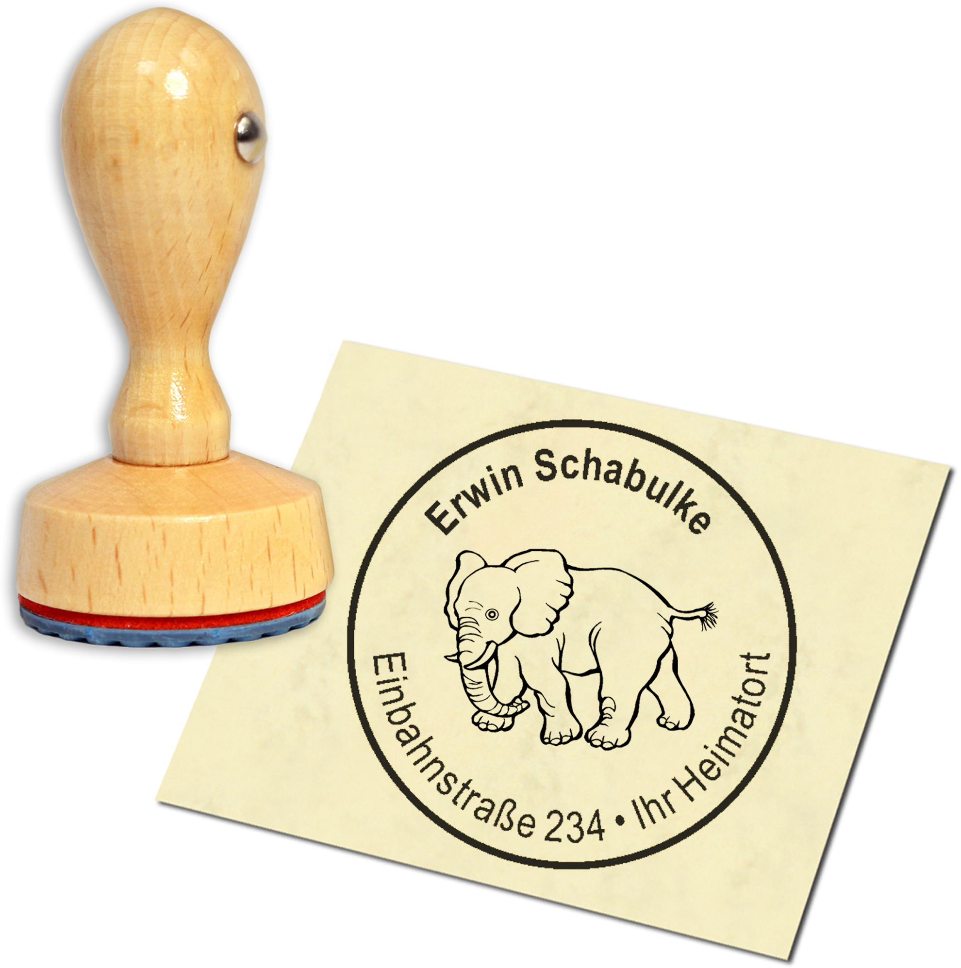 Stempel Adressstempel Holzstempel - laufender Elefant - rund 40mm