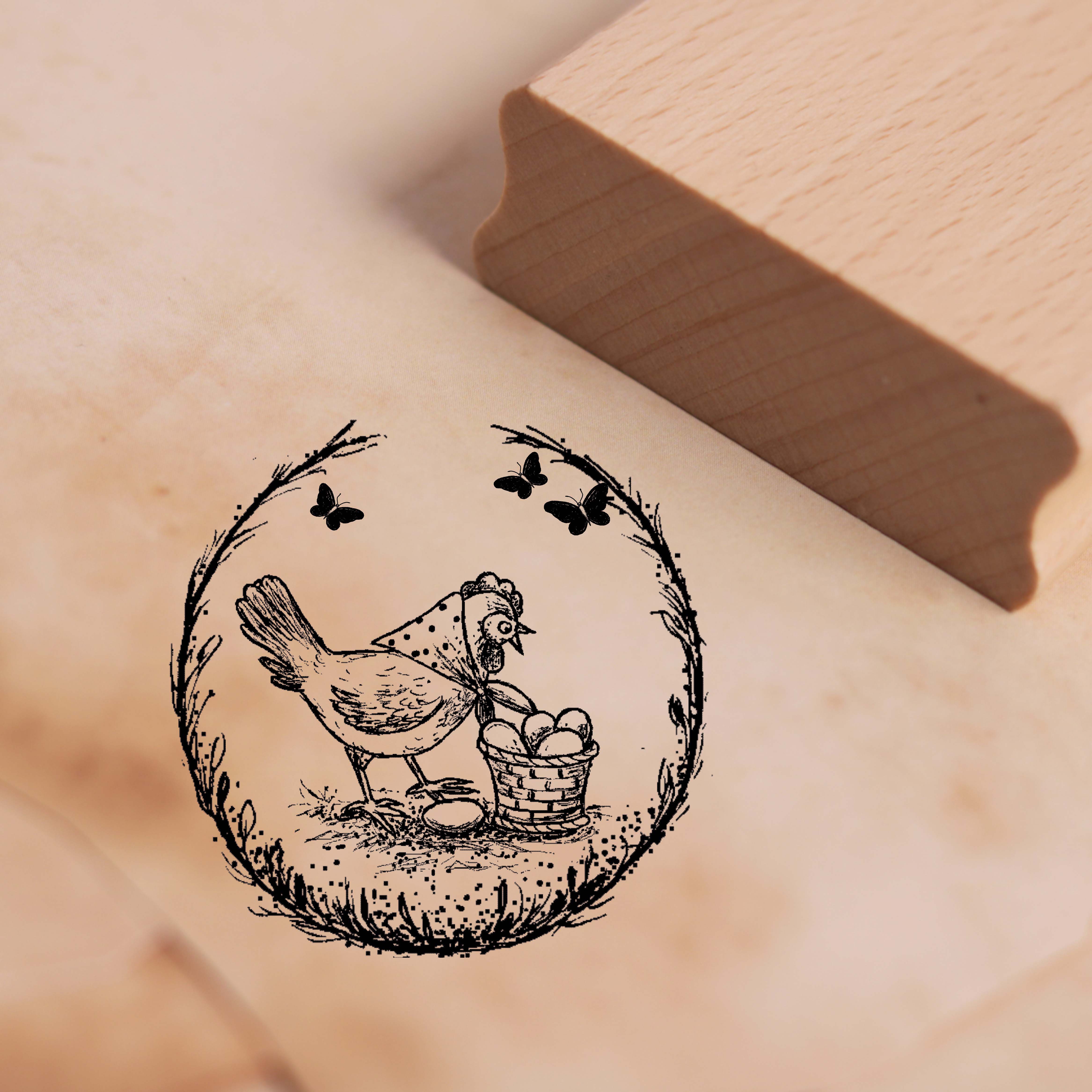 Motivstempel Huhn mit Eierkorb Stempel Kranz Schmetterlinge 48 x 48 mm