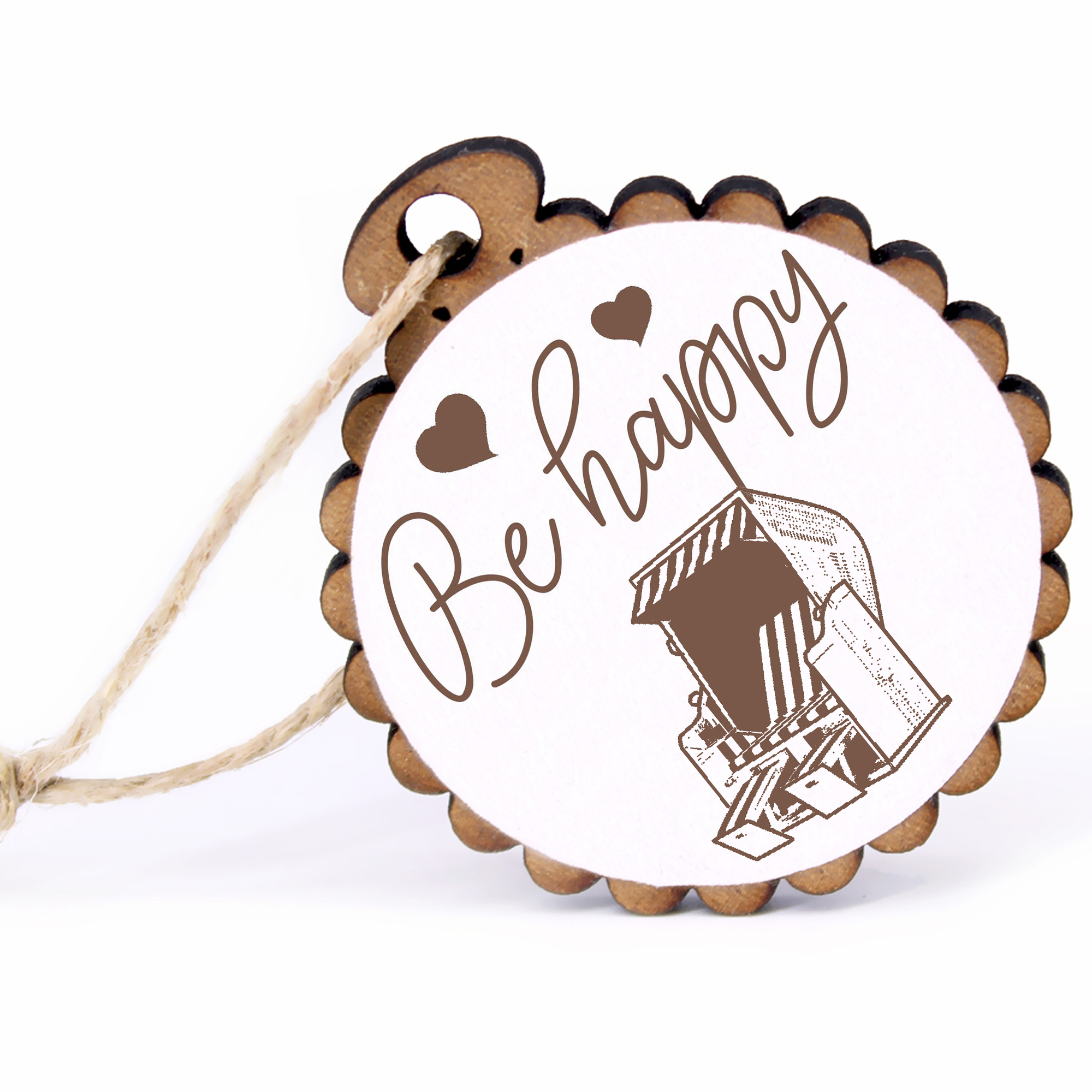Geschenkanhänger - Be Happy Strandkorb -  Holz Ø-5cm - mit Juteband
