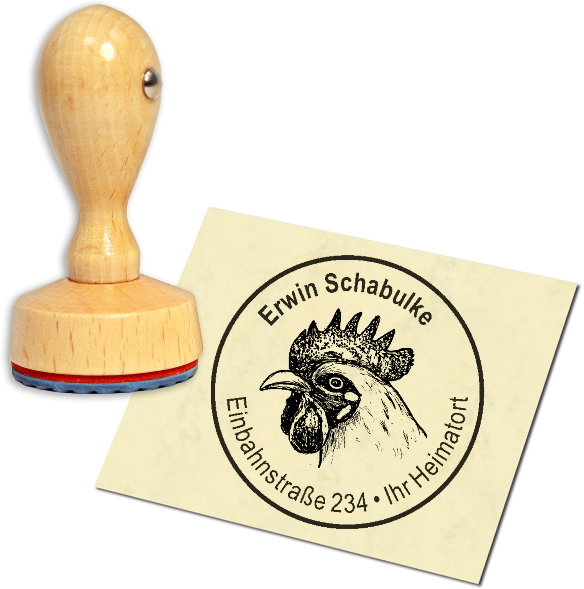 Stempel Adressstempel Holzstempel - Hahn - rund 40mm