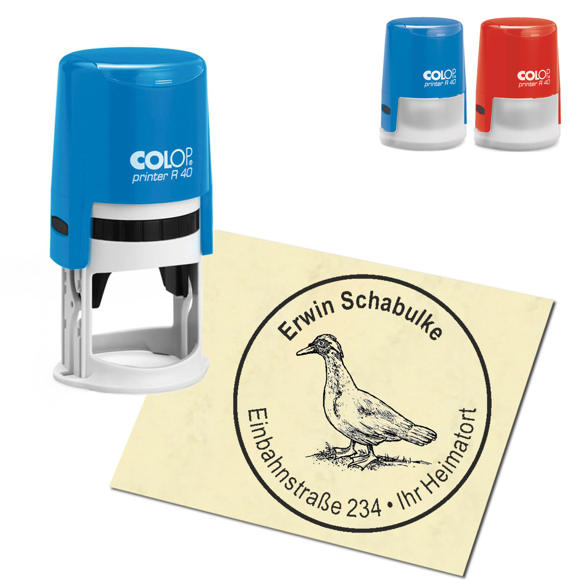 Stempel Adressstempel personalisiert - Flugente - rund &empty; 40mm