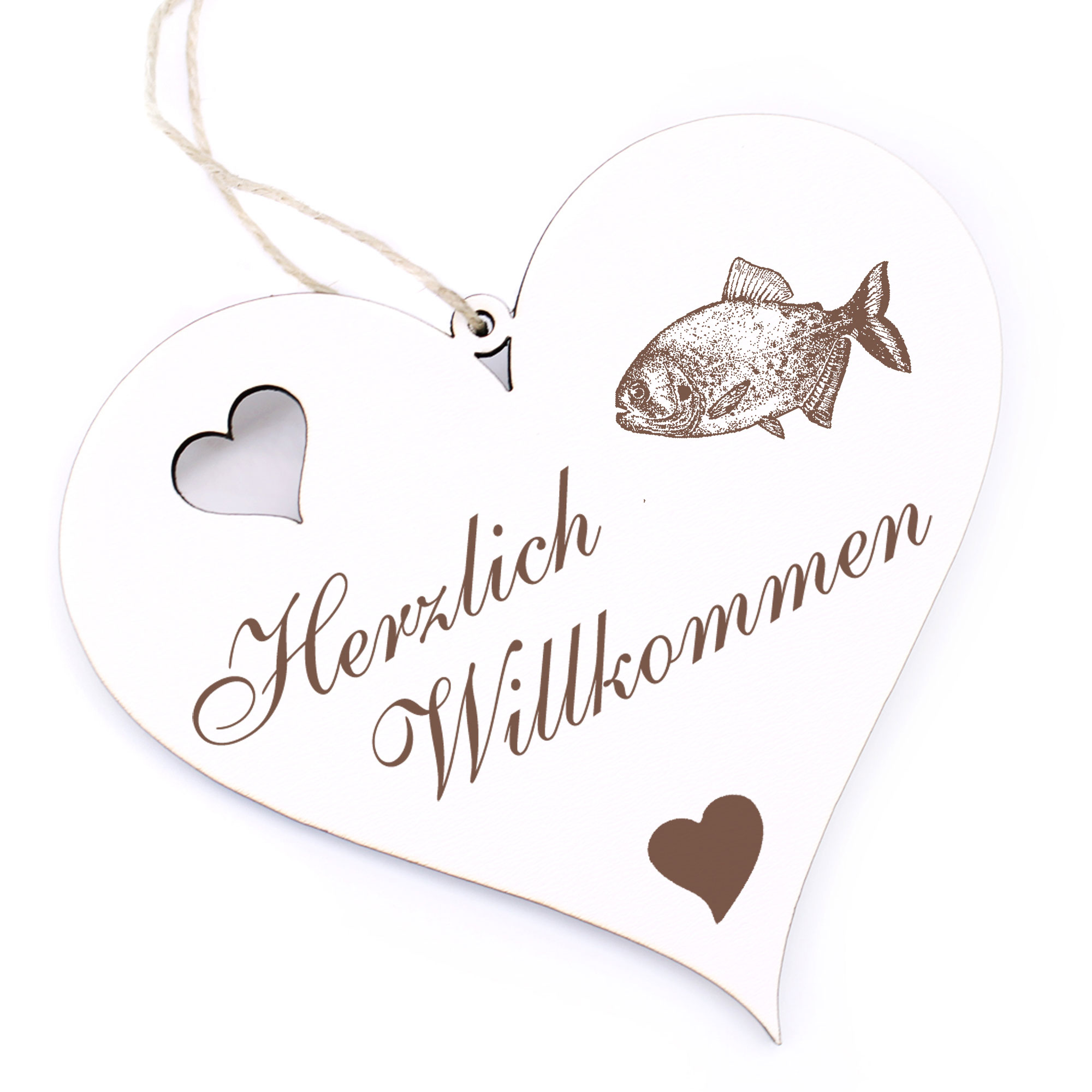 Herzlich Willkommen Schild - Piranha - Deko Herz Holz
